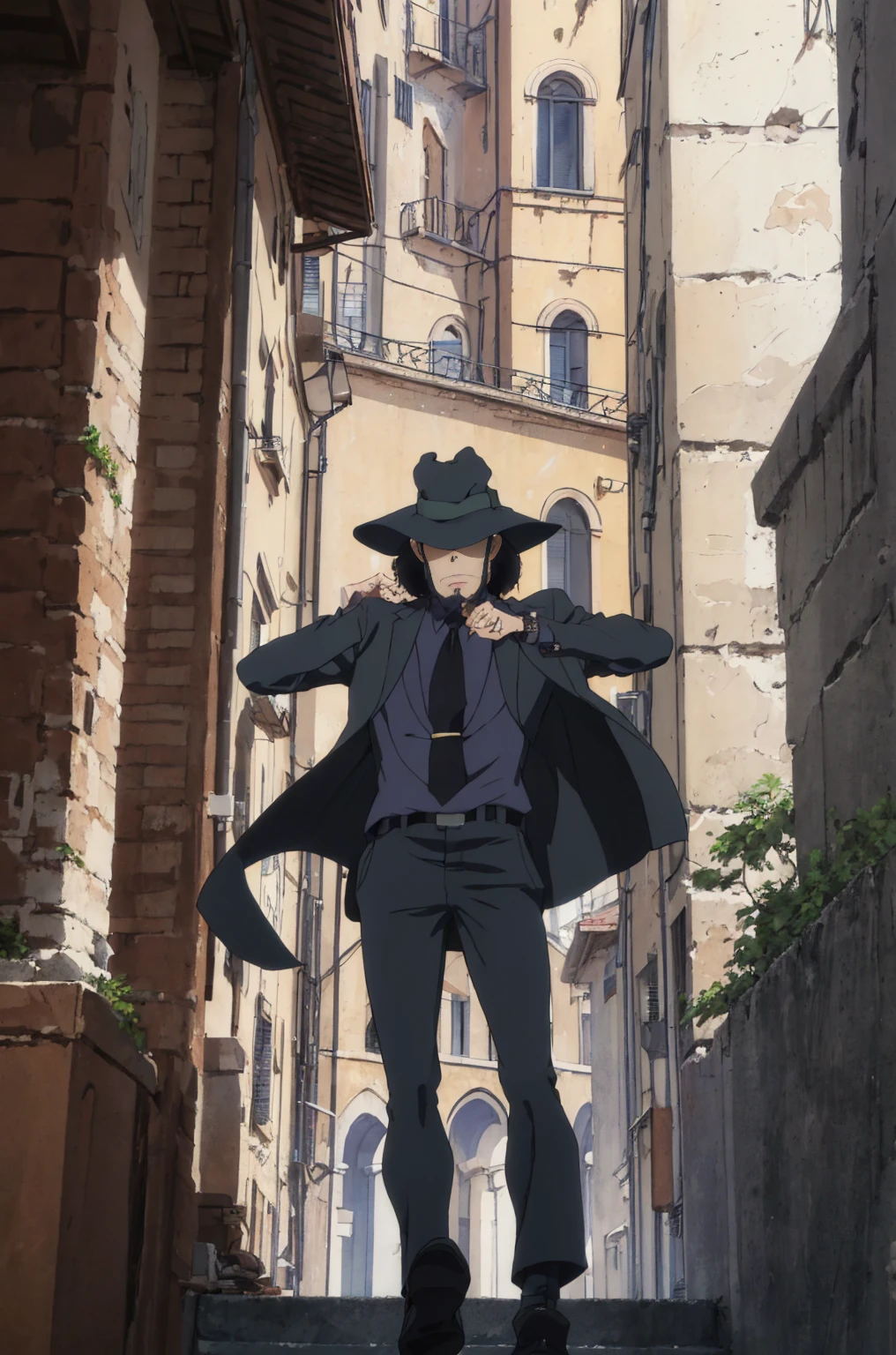   (Best Quality, masterpiece,  RAW Photos,Super detailed:1.2), Jigen Daisuke,Alone, , Black Hair, Borsalino style folding hat, Hide Your Eyes,formal,Italian cityscape,  Knight , Pistol,I have a combat magnum, From below,