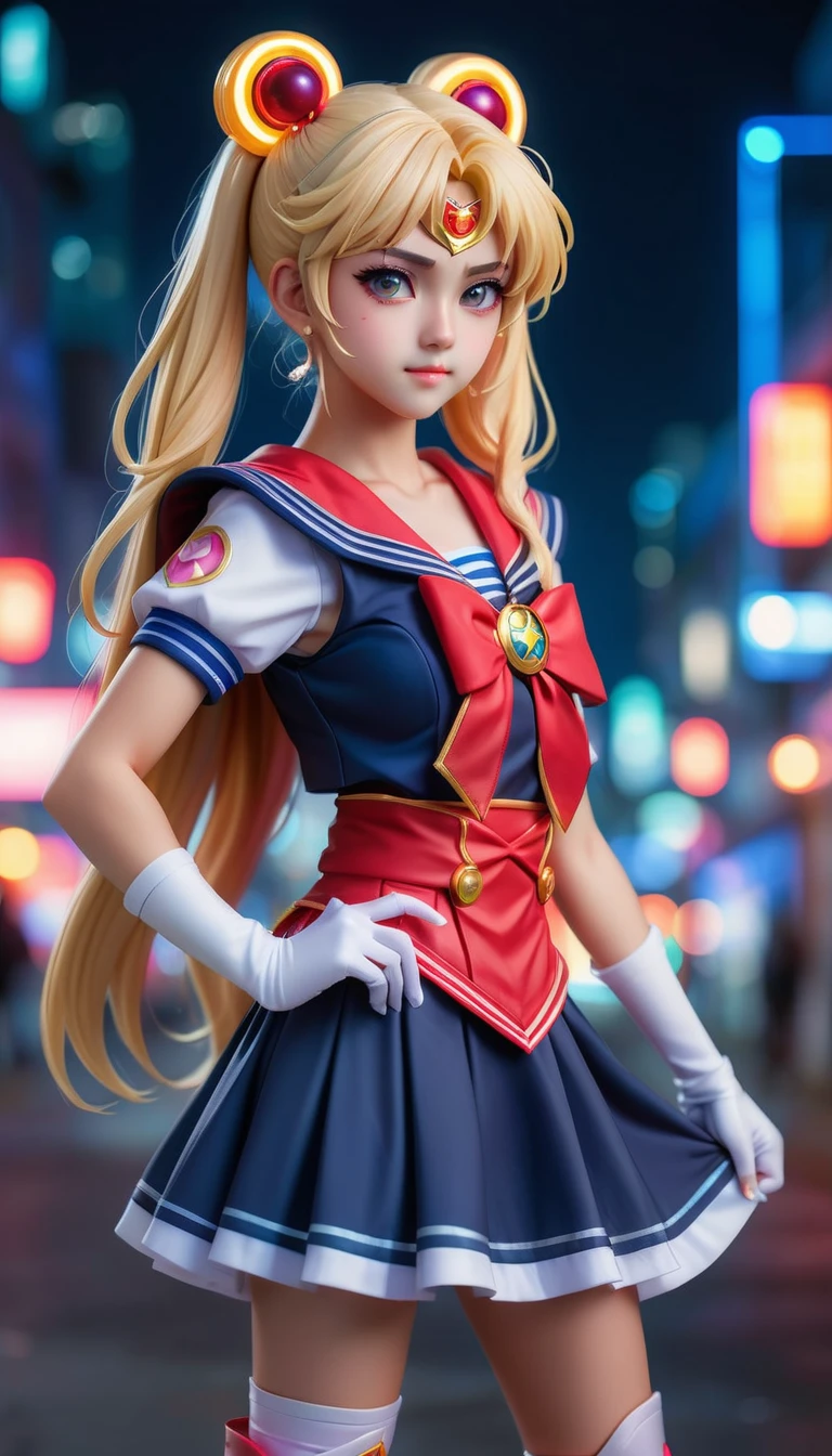 Teenage girl cosplaying Kaka Sakura, distant view, full body shot, looking at the camera, front view, realistic style, a cute  with long blonde hair, wearing a gorgeous Sailor Moon costume with a dress decorated with bright red and blue colors, in the background there is a dreamy city night scene with neon lights flashing, the atmosphere is full of vitality and adventure, she confidently strikes a fighting pose as if she is ready to take on any challenge. High resolution, high detail, rich colors, realistic skin textures,