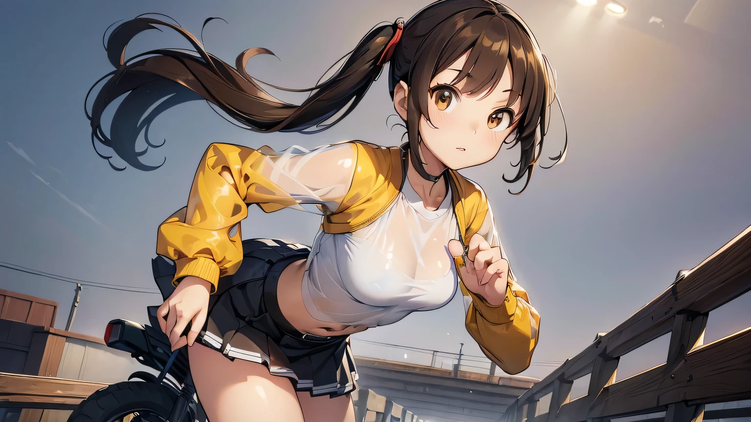 (((masterpiece))), ((( high definition))), ((( perfect face)))、((( Japan Beauty )))、((  top quality i )),  detailed texture, (( high definitionの顔)), ( best quality、Unity 8k,16k, wallpaper、masterpiece、Super detailed、超 high definition、(Realistic)、( Highly Detailed Backgrounds), ((Detailed drawing))、Photoreal 1.2, exquisite, insanely detailed), ((4 fingers on 1 thumb , Perfect human hand,  perfect two legs:1.2)),  very detailed facial and skin textures, ((Detailed eyes)), Detailed lips,  highly detailed depiction of hair , ((),  twin tails, Light Brown Hair, Brown eyes,  long-sleeved crop tops that fit the body,  riders jacket, (Partially see-through ),  Tight Miniskirt,  boots, The basic color of clothing is yellow )), ((highway)), (I'm riding a mini bike), ((cowboy shot))