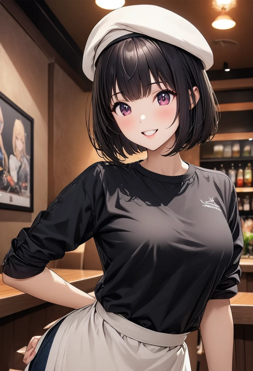 Beautiful girl 、Age 30、Best Quality、Ultra-precision、Detailed drawing、Restaurant chef、 black shirt、tie、Waist apron、Beret、Sharpness、 bob cut 、Vivid colors、upright posture、front、 looking at the camera、A very ecstatic expression、Slender figure、Accurate depiction、 CG illustration、Beautiful figure、My chest opens slightly
