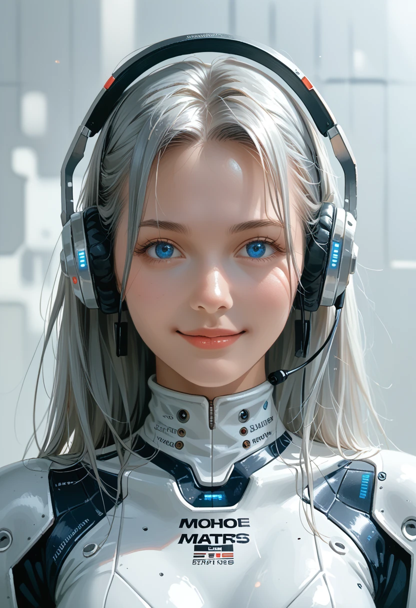 (((Best quality, 8k, Masterpiece: 1.3)), ((best quality)), ((masterpiece)), (detailed), perfect face, perfect body, A beautiful silver-haired girl wearing headphones, a sci-fi action set on Mars in the 2500s, a body suit with a black base that emits a glow, a complex pattern that emits light, a smiling face, and blue eyes staring at you. There is.