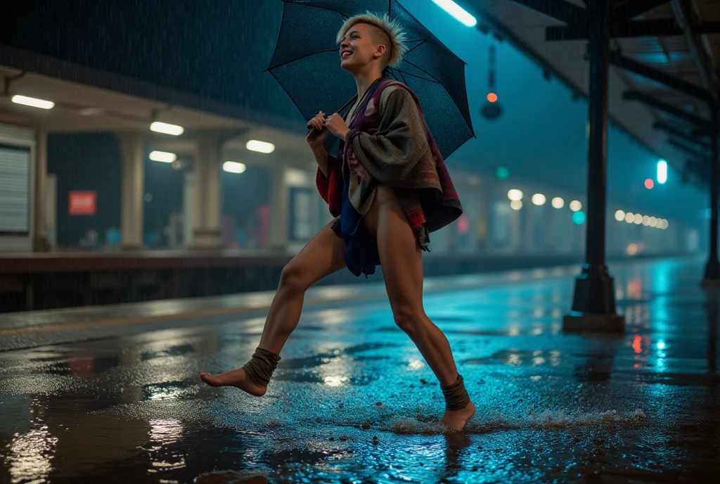 Viewed in close up from below. a rainy evening at an empty train platform. a single, very thin nordic woman with spikey blonde asymmetrical pixie-cut hair shaved on one side. She wears a torn and patched blanket on her shoulders, a loincloth around her waist and her bare feet are rapped in rags. Her exposed ears are natural and free from any earrings or jewelry. She is running through shallow puddles, her umbrella tilted sideways as she laughs, enjoying the rush of raindrops splashing around her. Neon reflections dance on the wet ground, capturing her playful moment.
