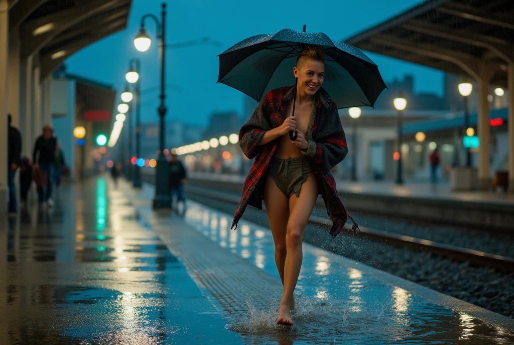 Viewed in close up from below. a rainy evening at an empty train platform. a single, very thin nordic woman with spikey blonde asymmetrical pixie-cut hair shaved on one side. She wears a torn and patched blanket on her shoulders, a loincloth around her waist and her bare feet are rapped in rags. Her exposed ears are natural and free from any earrings or jewelry. She is running through shallow puddles, her umbrella tilted sideways as she laughs, enjoying the rush of raindrops splashing around her. Neon reflections dance on the wet ground, capturing her playful moment.
