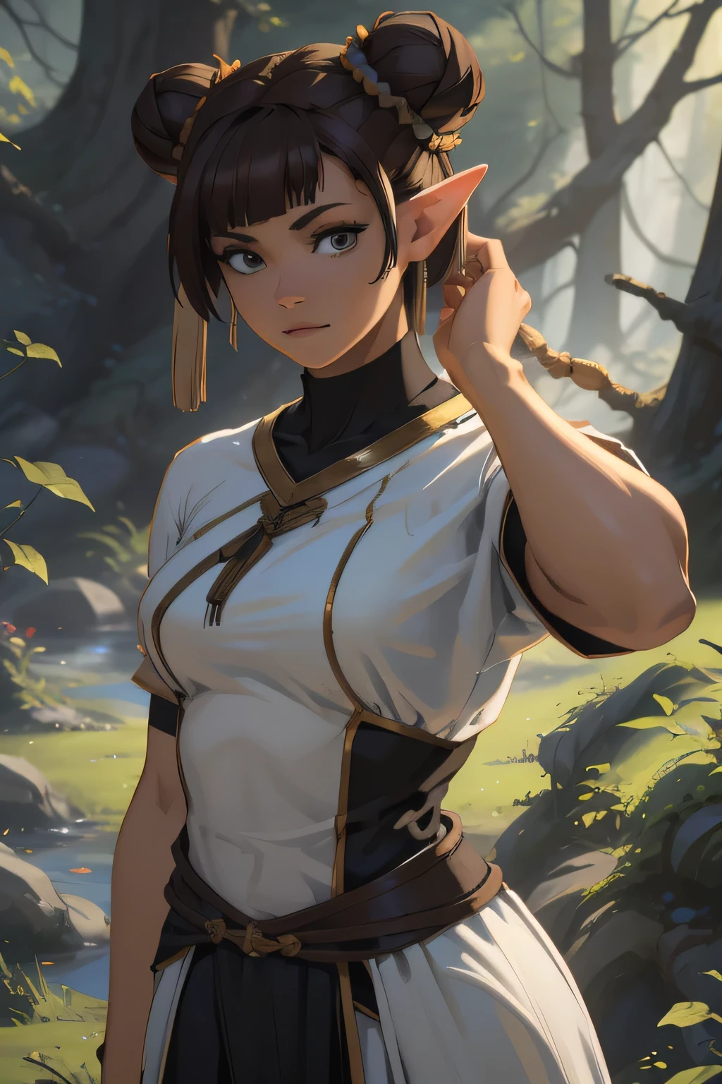 masterpiece, highres, photorealistic, real, Real photo, best quality, 8k, best quality, realistic, ultra-detailed, perfect lighting, cinematic lighting, warm light, female, solo, action pose, stand pose, epic pose, LAUFEN, SHORT HAIR, DOUBLE BUN, BLUNT BANGS, Laofen, brown hair, double bun, brown eyes, hair_ornament Laofen, brown hair, double bun, brown eyes, hair_ornament a beautiful elf girl training, short brown hair, double bun hairstyle, blunt bangs, blue eyes, hair ornament, detailed face, elegant pose, mystical forest background, cinematic lighting, (best quality,4k,8k,highres,masterpiece:1.2),ultra-detailed,(realistic,photorealistic,photo-realistic:1.37),fantasy,concept art there is a woman with blue hair