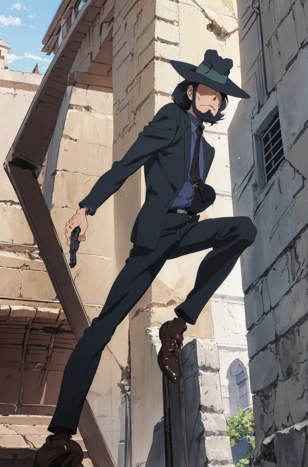   (Best Quality, masterpiece,  RAW Photos,Super detailed:1.2), Jigen Daisuke,Alone, , Black Hair, Borsalino style folding hat, Hide Your Eyes,formal,Italian cityscape,  Knight , Pistol,I have a combat magnum, From below,