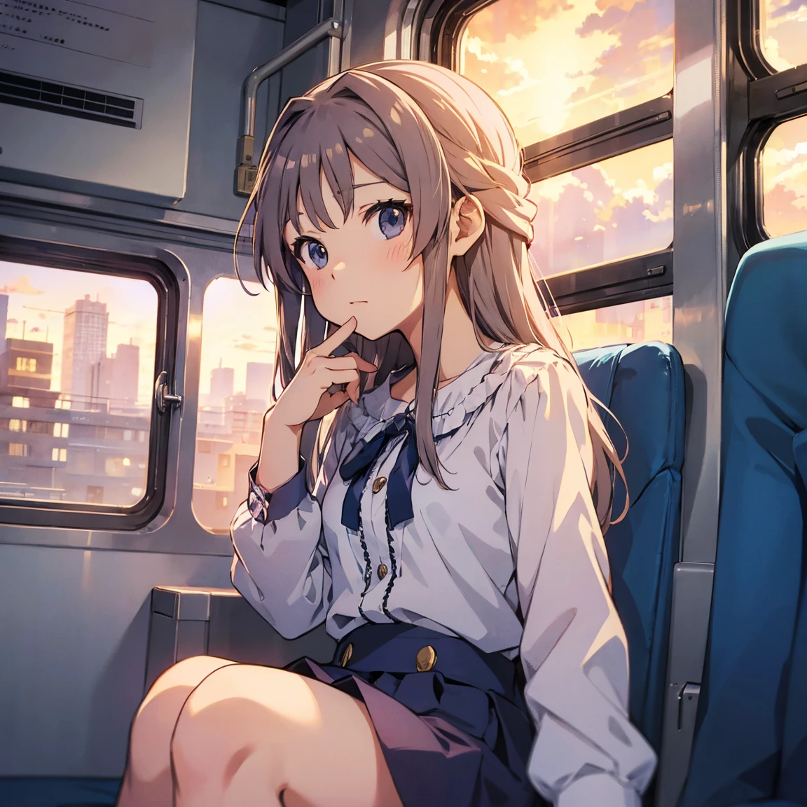 Anime girl sitting on a train looking out the window,   ,  lofi   at a window,  beautiful anime girls turning their eyes,  lofi  , Lo-fi Girl,  anime girl portrait ,  Gwaites style artwork , High-resolution portrait, As the sun sets,  charming anime girl ,  Cute Anime Girl ,  Realistic cute girl drawing ,  anime style. 8k, (Perfect hands,  perfect anatomy ),Five Fingers