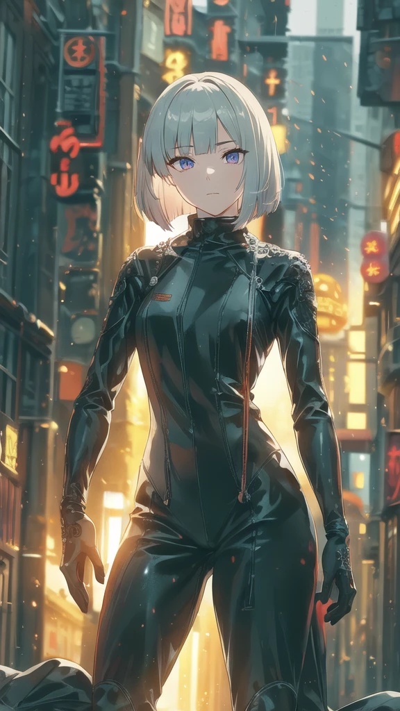 4k anime wallpaper, 8K Anime Art Wallpaper , 4K Anime Style,  detailed digital anime art , (masterpiece, Best Quality,  high definition, Super detailed,  photorealistic:1.37), (Complex Light), Perfect hands,  Hyper Details , Spectacular,  Magic Hour, dusk,  silver hair,  Flowing Hair , Wear a hair band , bob cut ,  beautiful detailed eyes,  Beautiful Detailed Lips ,   highly detailed face and eyes , looking back, female ninja in quest,Female ninja,Hide your ears, Hold a sword with your hand, holding a sword , Black suit ,mechanical, mechanic design suit,Future Ninja,Two-Way,Crouched down,Point the sword at the camera