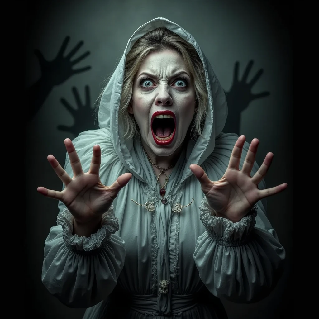 (masterpiece, best quality:1.2), Woman in Halloween costume scared