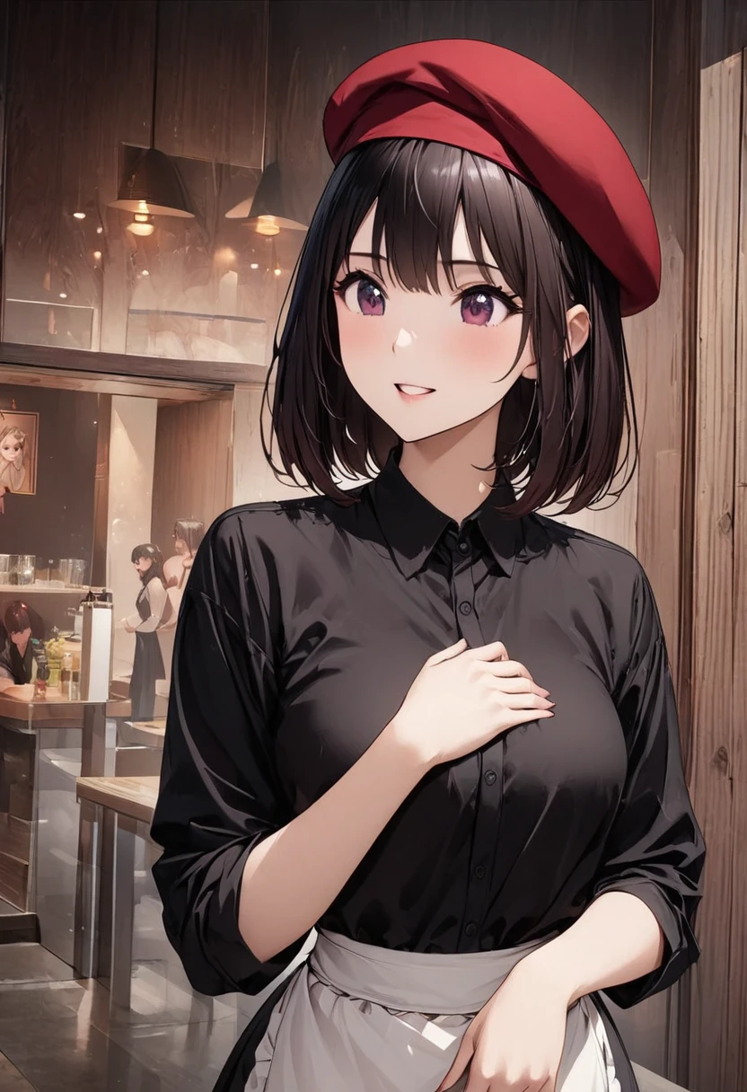 Beautiful girl 、Age 30、Best Quality、Ultra-precision、Detailed drawing、Restaurant chef、 black shirt、tie、burgundy waist apron、Wine red beret、Sharpness、 bob cut 、Vivid colors、upright posture、front、 looking at the camera、A very ecstatic expression、Slender figure、Accurate depiction、 CG illustration、Beautiful figure、My chest opens slightly
