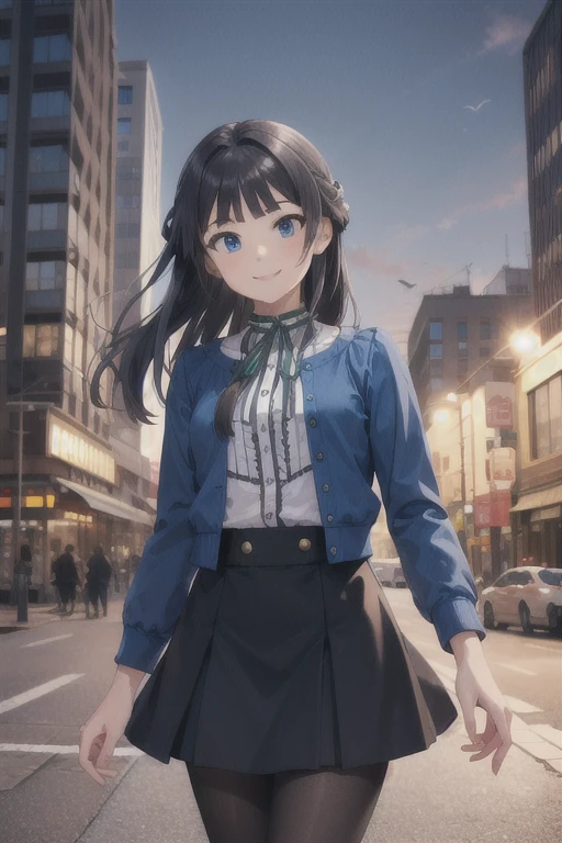 (masterpiece, Best Quality, Super detailed), ( perfect face,   detail face  ), ( detailed background,  complex background :1.2), full-face , (smile:1.2), wind, windy,  watching viewers,
Mogami Def,  Black Hair , Long Hair, , bangs,  blue eyes,  side lock, blunt bangs, skirt, shirt,  long sleeve,  jacket, white shirt,  pantyhose, frills, Open the clothes, black skirt, open  jacket, neck ribbon, ribbon, hair intakes, blue  jacket, brown  pantyhose, green ribbon, center frills, frilled shirt, ( cowboy shot:1.5),  tilt your head when the screen is full, Alone,  standing ,
(Outdoor,  Building, city, modern city)