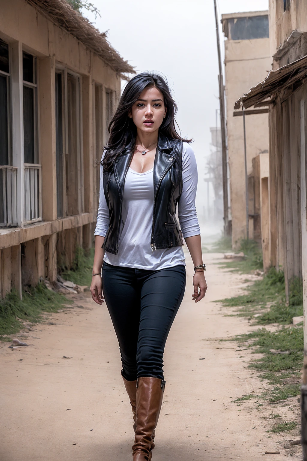 Woman in denim circa 1880s, Brown long straight hair, Brown eyes, High arched eyebrows, Slender and graceful neck, Red lips, Large Breasts, Brown Leather Leggings, Sleeveless Brown Leather Vest, Leather Boots, Walking on the dusty sandy streets of a deserted North American town，The wind blew through her hair, Practical, photoPractical, photoPractical, Fear, Dark atmosphere and dramatic lighting, Deep Red, Foggy environment, Detailed facial expressions, Heavy fog