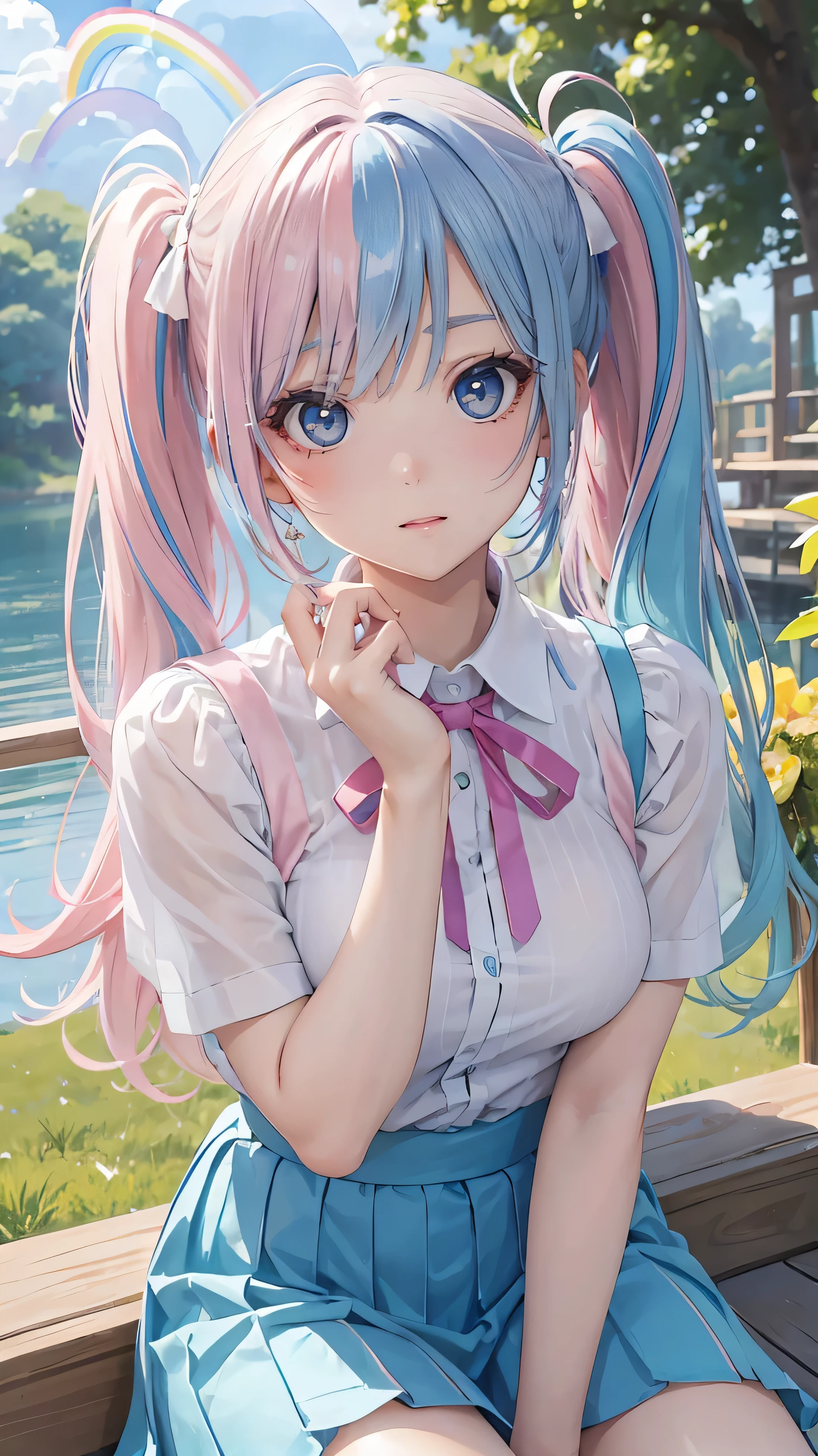 (masterpiece:1.2), (Best Quality:1.2),, Slim and curvy body type, Perfect Eyes,  perfect face, perfect lighting,  1 girl,(Rainbow colored hair,  colorful hair, Half Blue、 Half pink hair  : 1.2),  In the garden, （shirt），（whole bodyが見える），（Transparent Charming Clothes 、 striped skirt ）， curly hair , Short sleeve clothes, 、On the boat、, Compensate,  eyeshadow, Small breasts、Thick eyelashes,  fantasy ,  watching viewers, whole body， Alice in Wonderland、Blue Sky、Bright and beautiful face、like々Shiny, shiny white skin 、The ultimate beauty、The most beautiful in the world、Thin Hair、Long Hair、Shiny, beautiful bangs、Big, bright blue eyes、very beautiful and lovely ,  The Most Beautiful Girl in the World 、 twin tails、Silver glasses