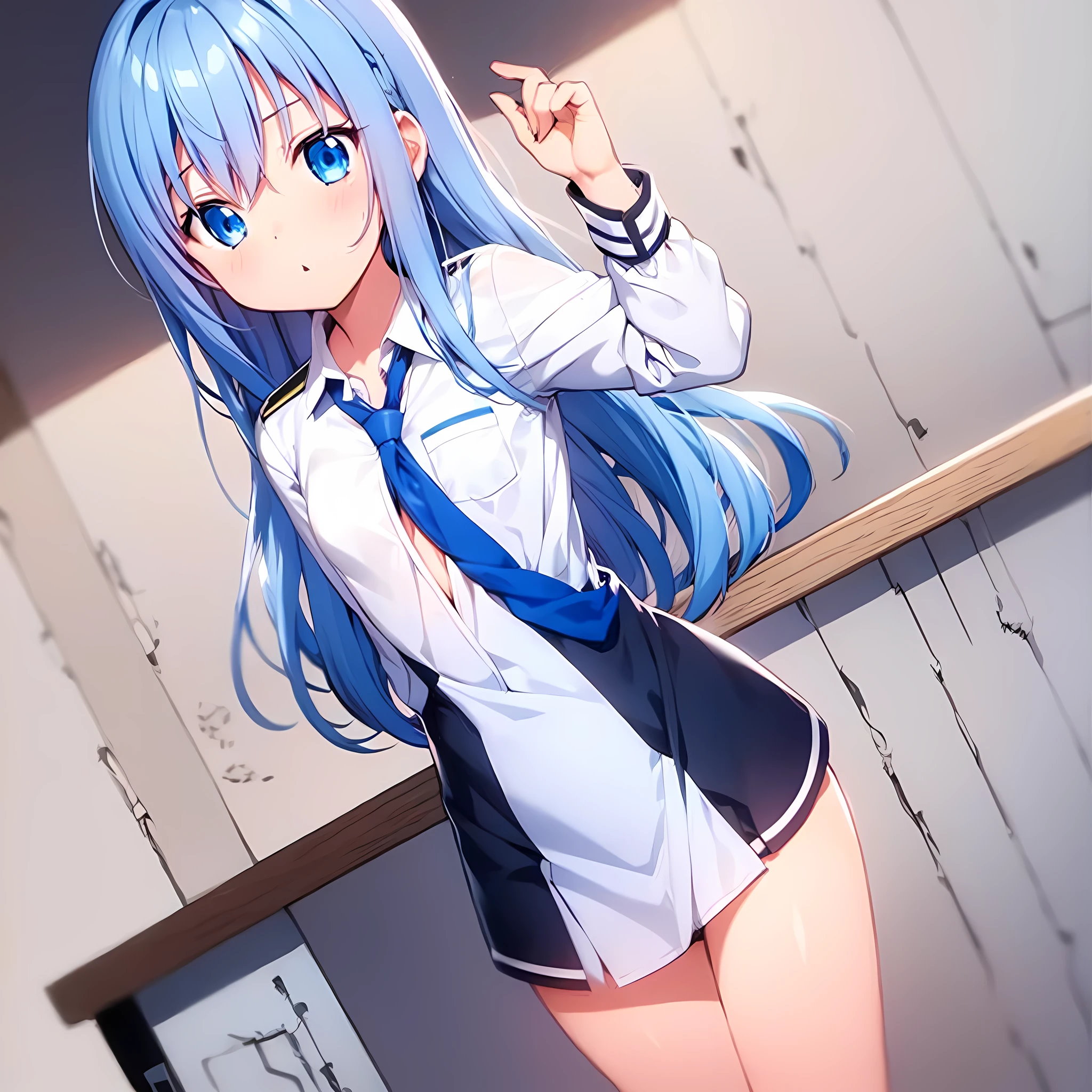  1 girl, Blue Hair, blue eyes,uniform,Dignified, flat chest, standing , long hair