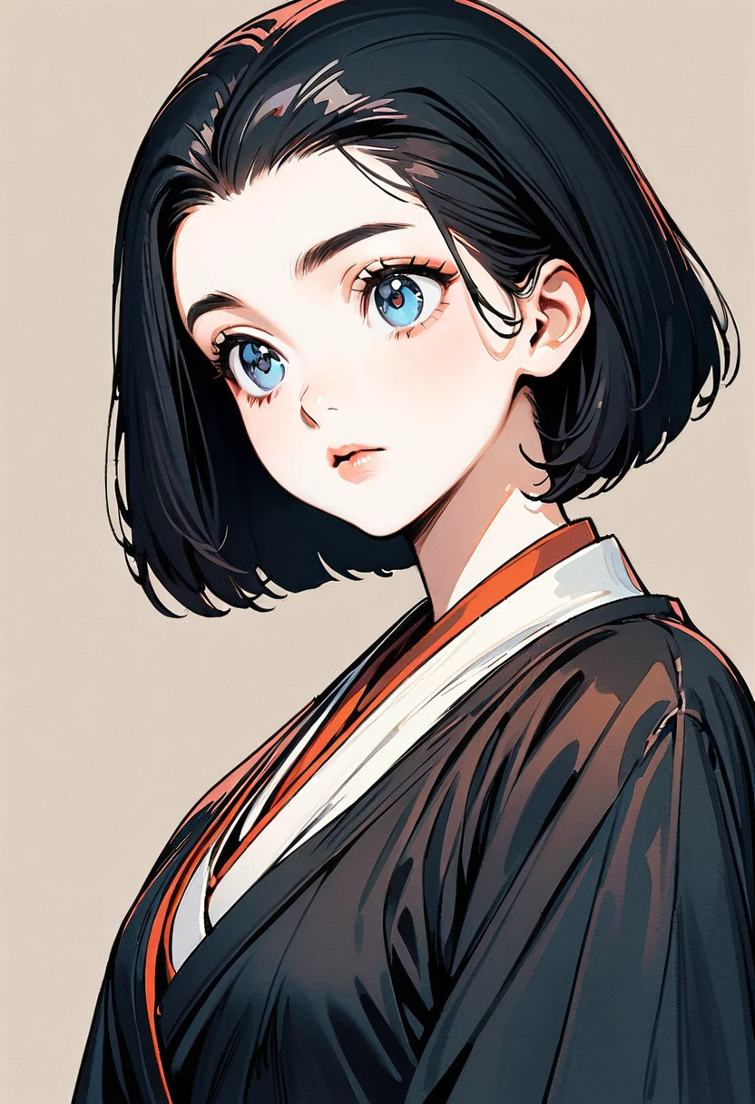 (Best Quality:1.2,  very detailed, up to date, Vibrant, masterpiece:1.2,Best aesthetics), Perfect 12 Dana ,  Women in the Heian Period, Monochrome,  girl, (( frontal closeup shot:1.4)), straight long black hair ,  Bangs Pats ,  princess cut, Looking up, ((Retro,  vintage , Plain background, Monochromeアート, Anime character line drawing ))