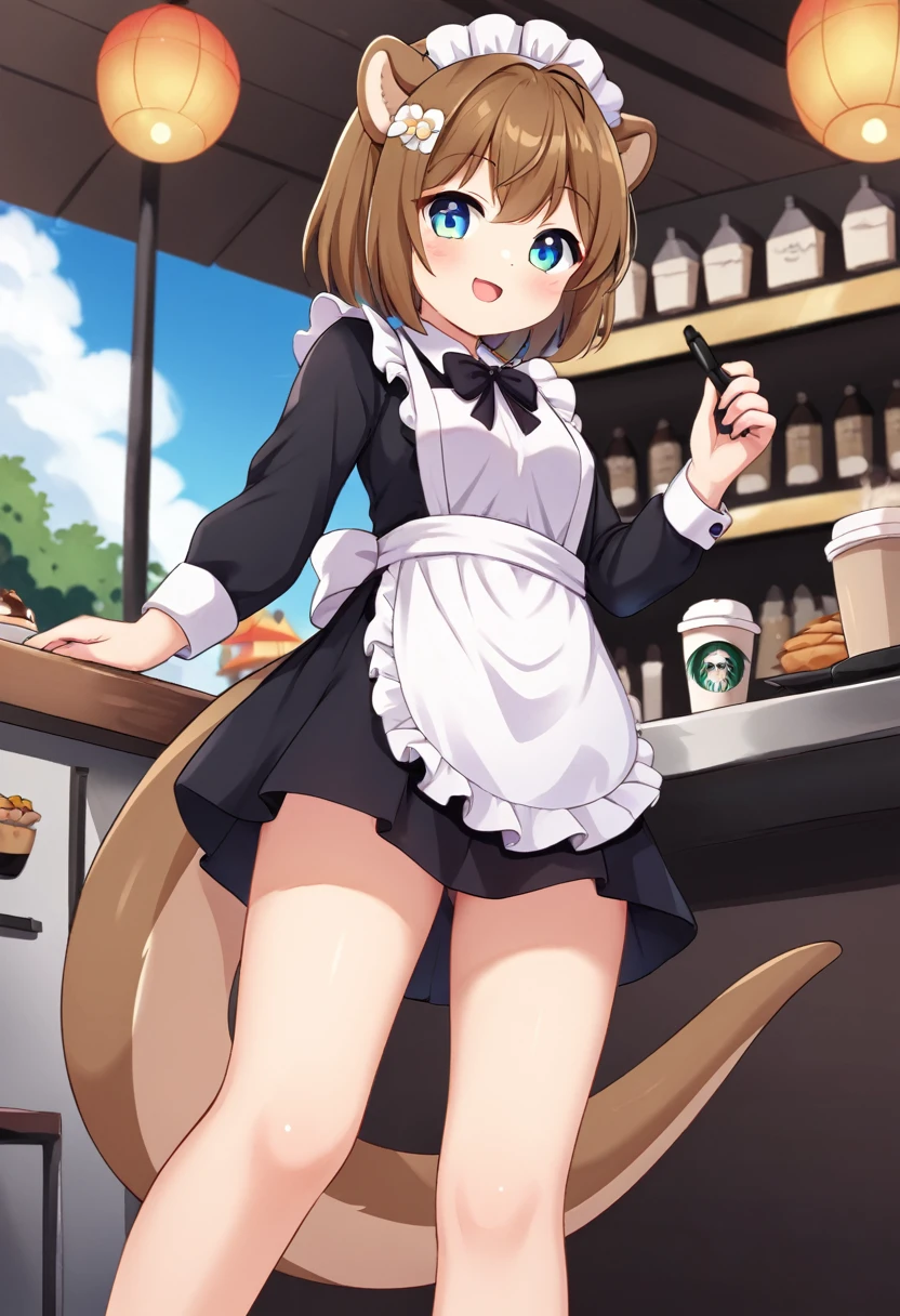 Otter，   maid clothes，Coffee Shop，Cultural Festival，School，mini skirt， cute， Low Angle，Blue Sky