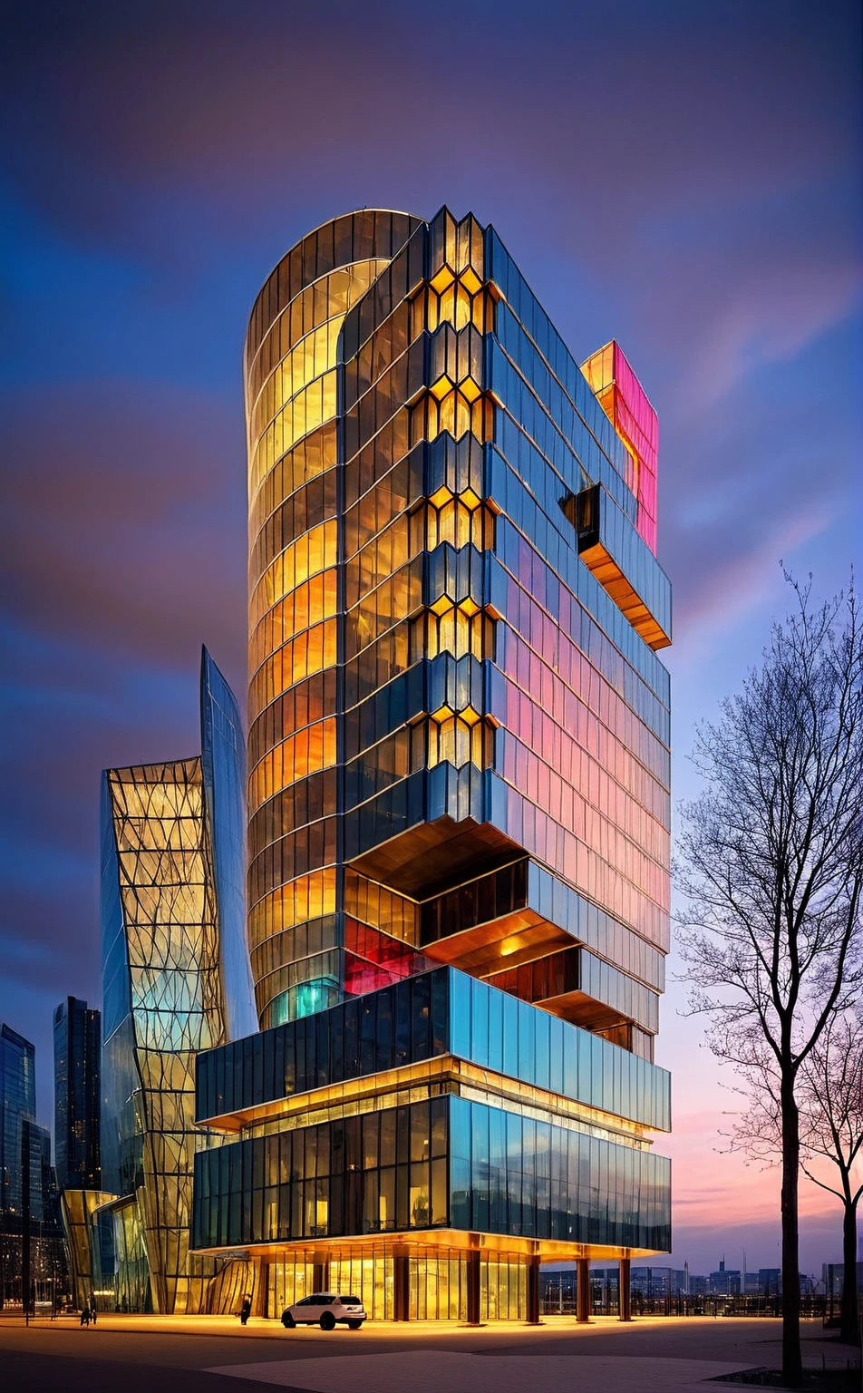 
“An ultra-modern, futuristic cityscape at dusk, showcasing two towering skyscrapers with an intricate, twisting design. The towers are made of reflective glass and metal, illuminated from within, creating a warm glow against the cool blue sky. The architecture features sharp, angular shapes and seems to spiral upwards, giving a sense of dynamic motion. Surrounding buildings are sleek and contemporary, with a waterfront in the foreground, lined with neatly arranged trees. The overall atmosphere is sophisticated and innovative, blending advanced urban design with an elegant aesthetic.”