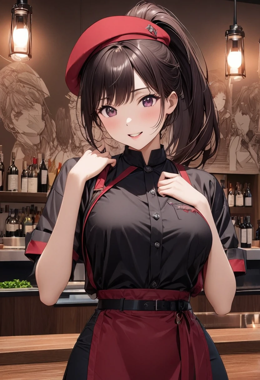 Beautiful girl 、Age 30、Best Quality、Ultra-precision、Detailed drawing、Restaurant chef、 black shirt、tie、burgundy waist apron、Wine red beret、Sharpness、 ponytail、Vivid colors、upright posture、front、 looking at the camera、A very ecstatic expression、Slender figure、Accurate depiction、 CG illustration、Beautiful figure、My chest opens slightly 