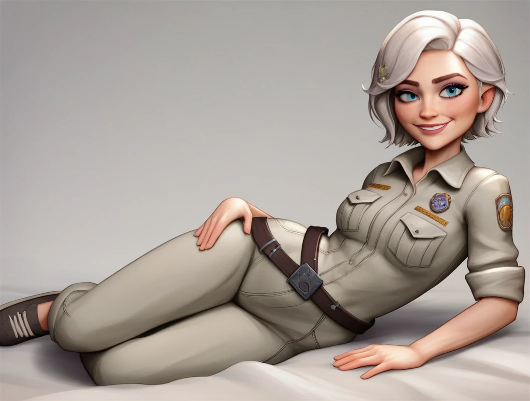 Tall SMG, 1girl, solo, white hair, short hair, blue eyes, jumpsuit, sleeves rolled up, belt, shoes, on bed, on side, bed invitation, lounging on side , showing full belly complete chubbybelly, rounded belly, belly curves, realistic plumpbody shape, realistic body, hands on hips, simple background, grey background, looking at viewer, smile, from side