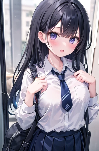 {masterpiece}, {Best Quality}, 1 girl,School_uniform, big chest、 black hair long hair that made me blush、