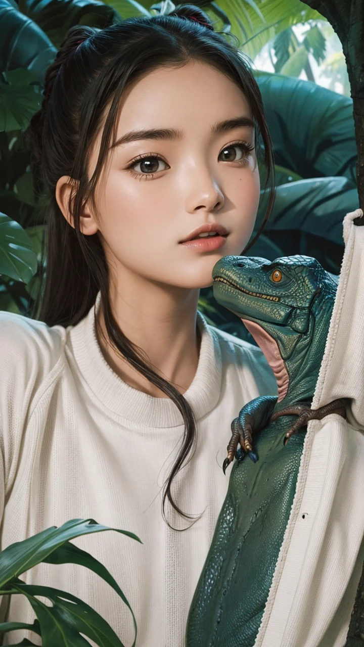 Chica linda como wang yiren, in jurassic park jurassic park with a little dinosaur.