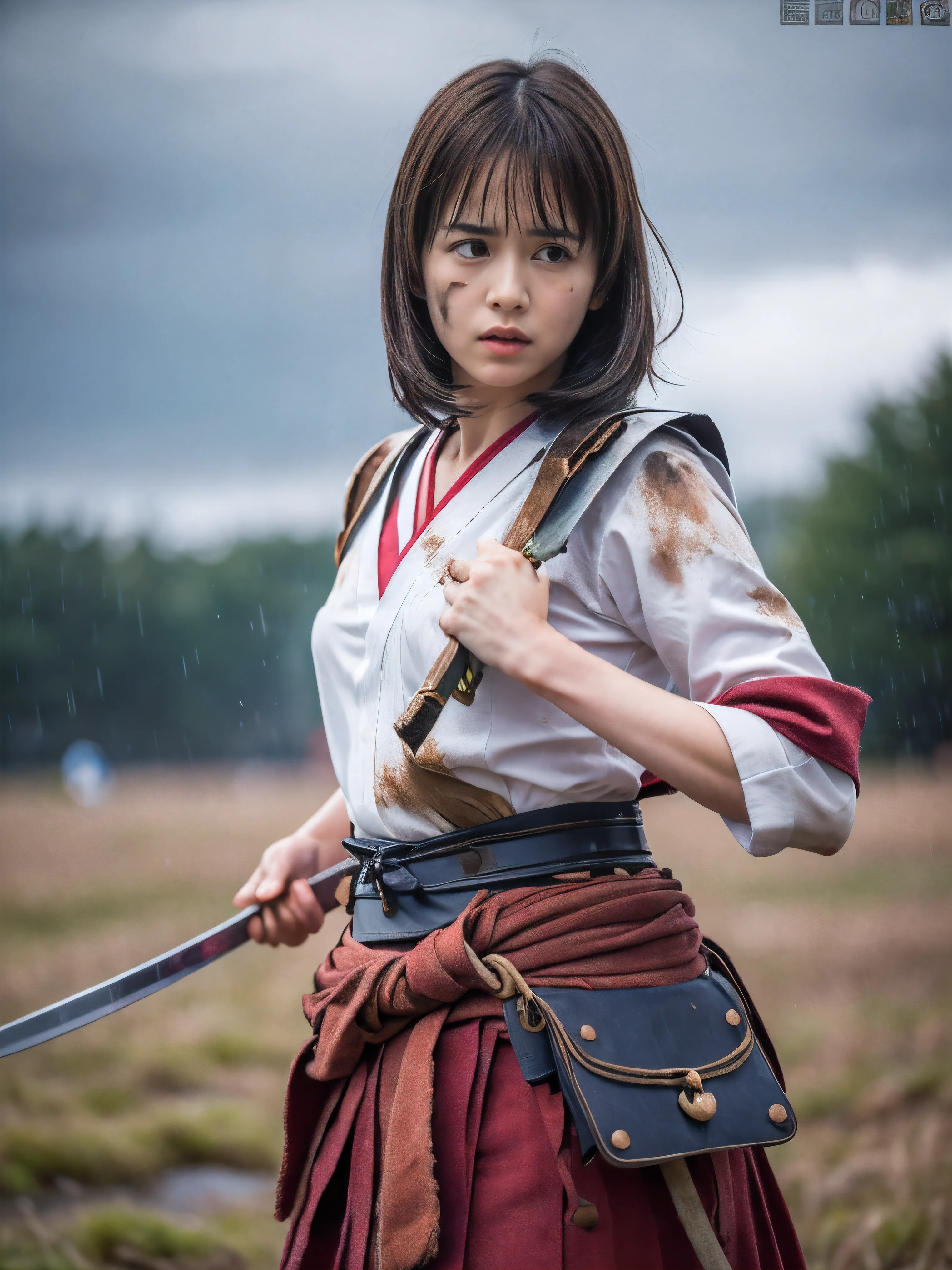 (Close up portrait of one slender small breasts round face brown short hair with bangs girl in a green colored dirty bloody samurai armor in Japan at raining:1.5)、(One girl makes fighting pose and hold Japanese traditional white blade sword on hand under the raining sky on the grassland in old Japan with crying dirty bloody face:1.5)、(Heavy raining dark sky:1.5)、(blurred background:1.5)、(Natural light:1.5)、(8k ultra detailed master piece:1.5)、(perfect anatomy:1.5)、(Photorealistic stick:1.5)、(Raw photo:1.3)、(highest quality:1.5)、(High resolution:1.3)、(Delicate and beautiful perfect face:1.3)、(Delicate and beautiful eye air skin:1.3)、(Real Human Skin:1.3)、((thin legs))