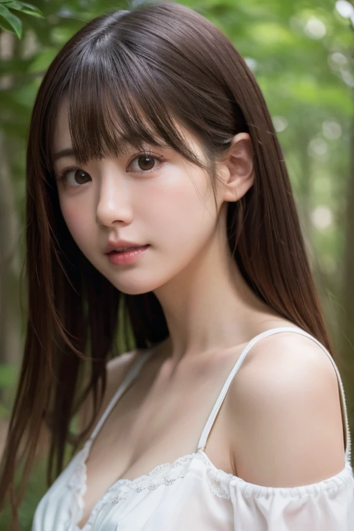 (nsfw:1.2)、one 日本人の girl, (a beauty  girl, delicate  girl:1.3), (:1.0), break, (summer、 blouse:1.3), break, (In the forest:1.3), break, Extremely fine resolution, (Symmetrical eyes:1.3), break, Small breasts,  Brown Eyes ,  split bangs that show cleavage, Brown Hair,  girl, break, ( Eyes and Face Details:1.0) break, (masterpiece, Best Quality,  very detailed,   detail face  , 8k)、(Nipples visible through the gaps in her clothes:1.0)、stand、Hunchback、 face down 、 side view、  my clothes are torn 