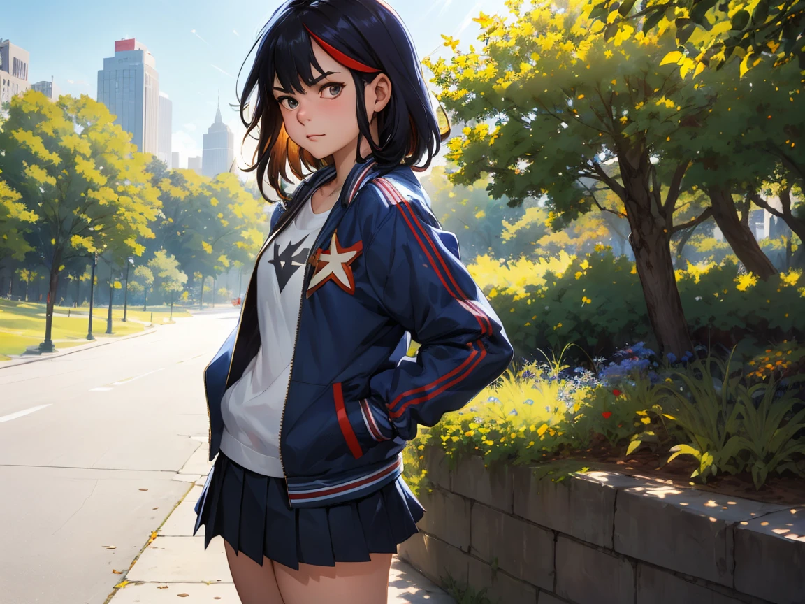 masterpiece,best quality, 2girl, kill la kill, open jacket, letterman jacket, white shirt, blue pleated skirt, hands in pockets, looking at viewer, in a central park, sunshine, blue sky (Kamala Harris) 