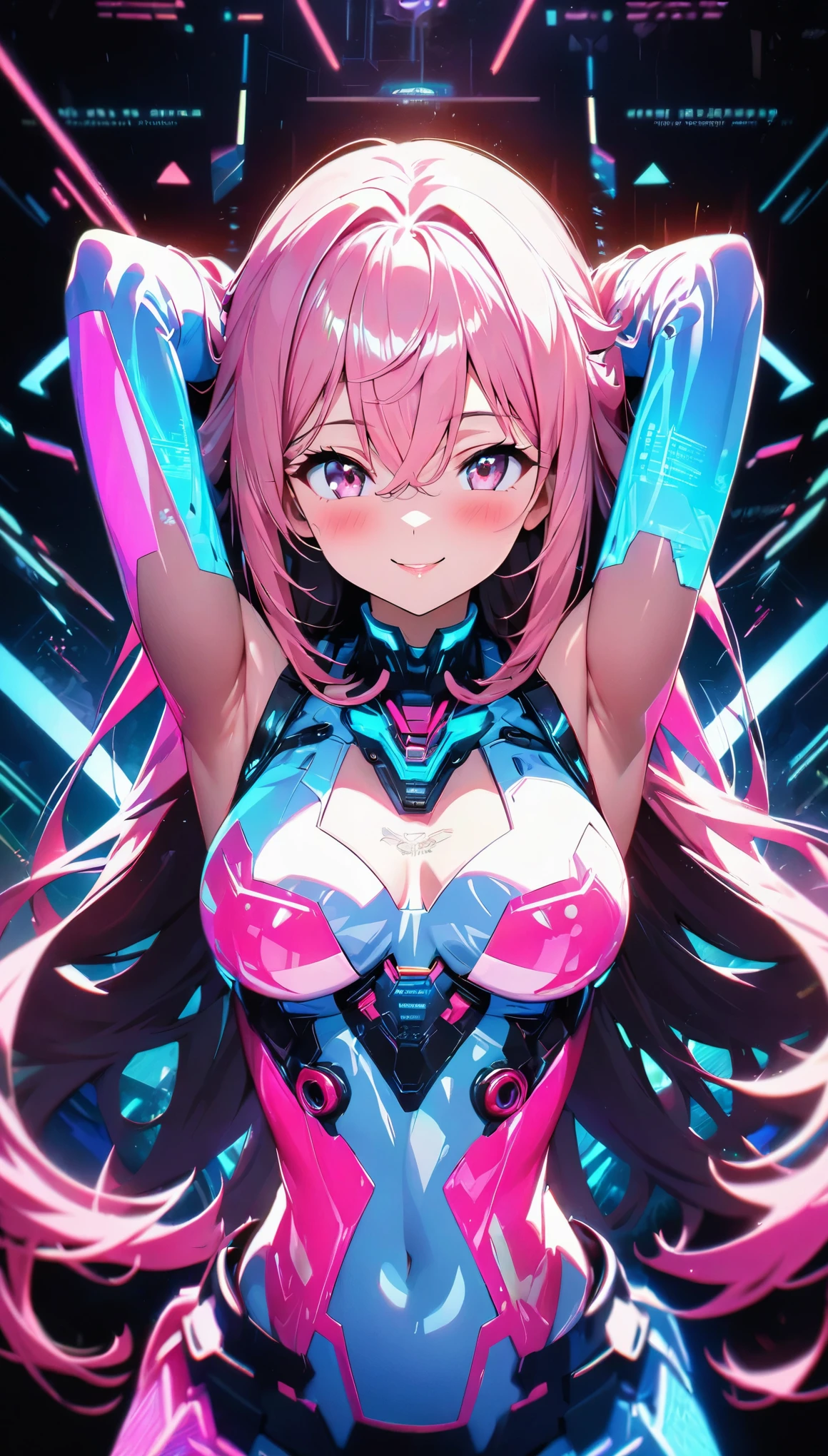 holography,  Draw in Neon Colors ,  Beautiful Holographic _Cyber Girl,  Neon Hologram Suit ,  Glowing Cyberpunk Futuristic Outfit ,  pleated skirt, (( pink hair, Pink Eyes, bangs, whole body, Hair between the eyes, Long Hair,  short hair, ribbon)),  Slim Body :1.4,  beautiful eyes,  shiny lips, Glowing Skin,  detailed skin textures, ((smile, blush,  bust shot:1.4)),  Multiple Color Holographic Patterns,  Dynamic Poses,  with her hands behind her head, Cyberspace Background, DIGITAL DESIGN , Virtual, Dramatic lighting,  cinematic composition,  intricate detail, (Best Quality:1.2,  very detailed, anime,  with great attention to detail,  ultra high resolution,  High Contrast, masterpiece:1.2, Best Quality, Best aesthetics),