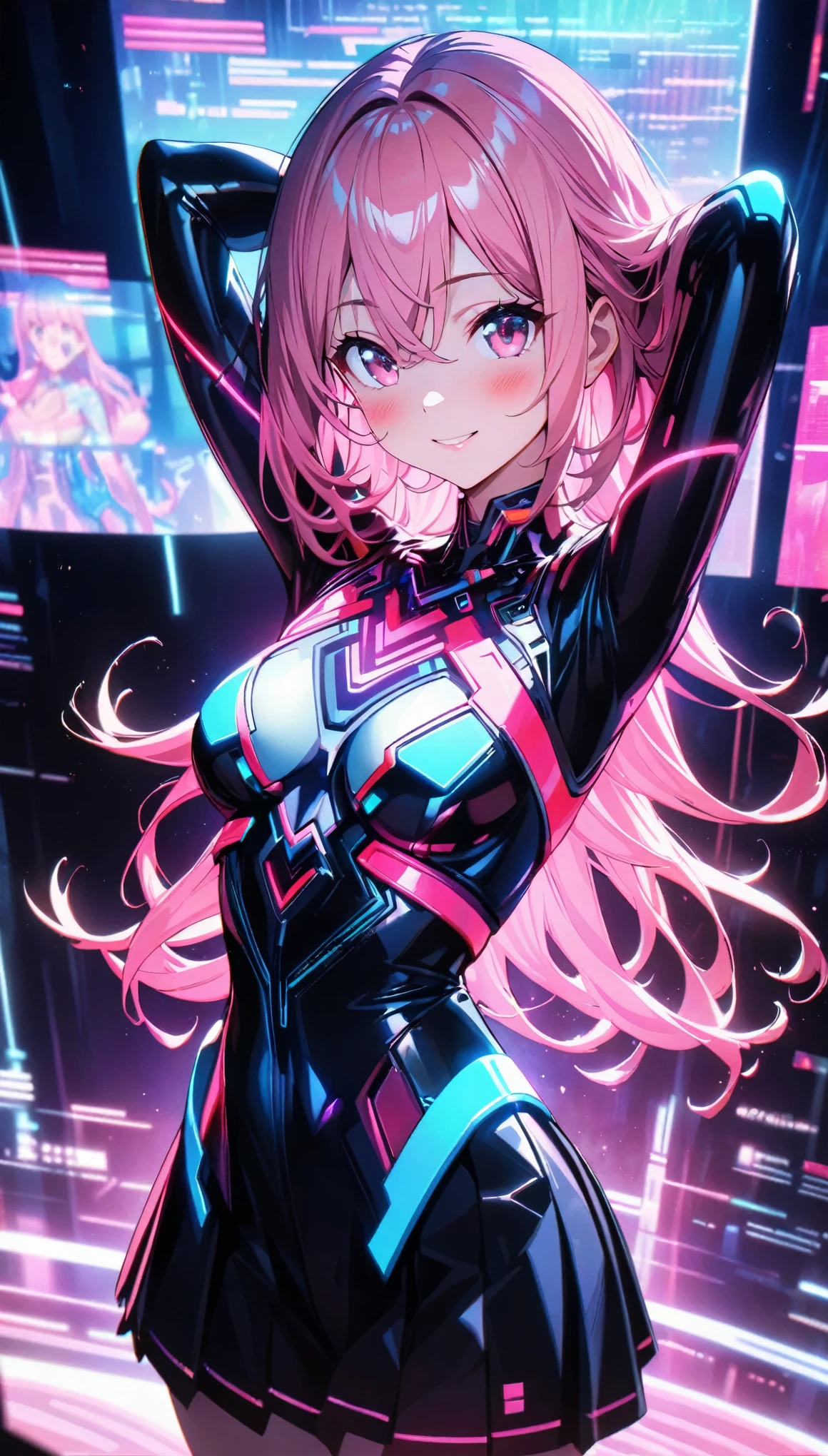 holography,  Draw in Neon Colors ,  Beautiful Holographic _Cyber Girl,  Neon Hologram Suit ,  Glowing Cyberpunk Futuristic Outfit ,  pleated skirt, (( pink hair, Pink Eyes, bangs, whole body, Hair between the eyes, Long Hair,  short hair, ribbon)),  Slim Body :1.4,  beautiful eyes,  shiny lips, Glowing Skin,  detailed skin textures, ((smile, blush,  bust shot:1.4)),  Multiple Color Holographic Patterns,  Dynamic Poses,  with her hands behind her head, Cyberspace Background, DIGITAL DESIGN , Virtual, Dramatic lighting,  cinematic composition,  intricate detail, (Best Quality:1.2,  very detailed, anime,  with great attention to detail,  ultra high resolution,  High Contrast, masterpiece:1.2, Best Quality, Best aesthetics),