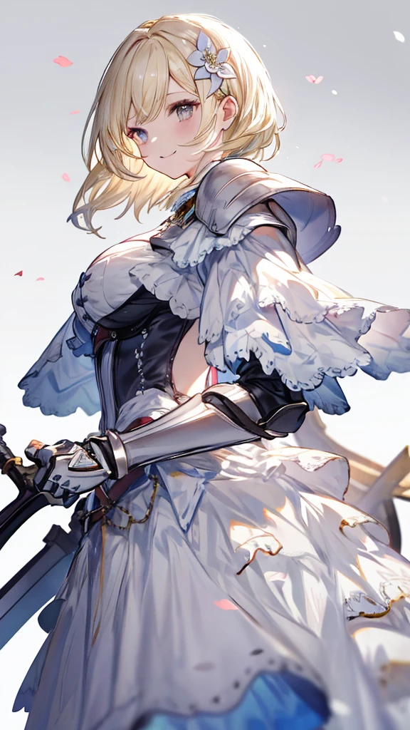 masterpiece、Best Quality、blonde、 shortcuts、White flower corsage、、woman、Big Breasts、Backwards、sword、Show me your back、（ white wedding dress）、white flower on simple background 、frills、 short skirt 、Like a bride、Super detailed、8k、1 person、smile、The face is Zeta、Armor only on shoulders、natural hands、 white skin、