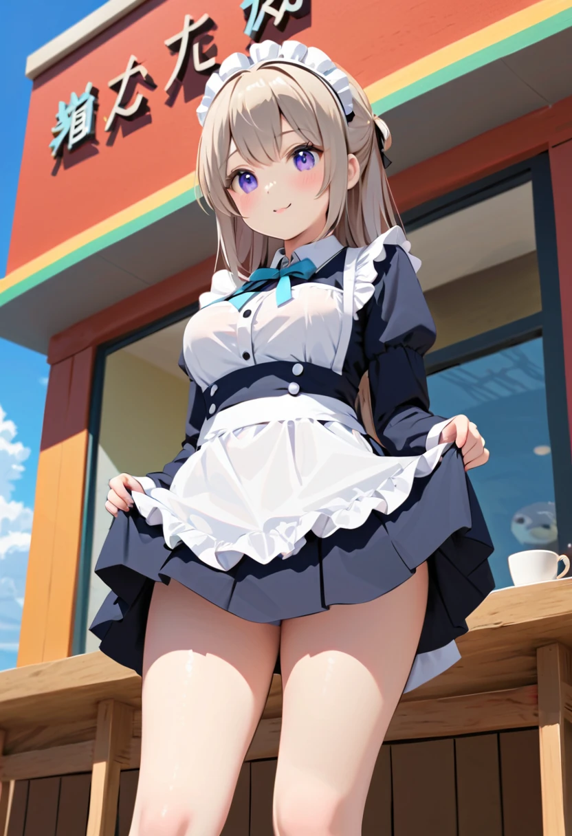 Otter，     maid clothes，Coffee Shop，Cultural Festival，School，mini skirt， cute， Low Angle，Blue Sky