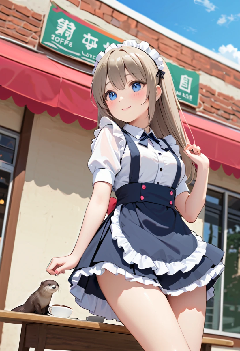 Otter，     maid clothes，Coffee Shop，Cultural Festival，School，mini skirt， cute， Low Angle，Blue Sky