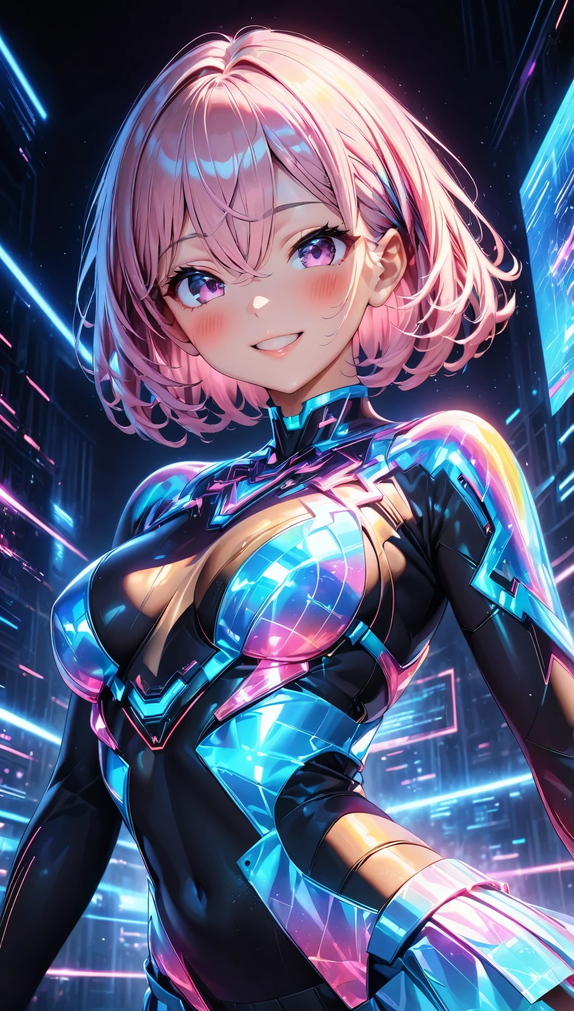 holography,  Draw in Neon Colors ,  Beautiful Holographic _Cyber Girl,  Neon Hologram Suit ,  Glowing Cyberpunk Futuristic Outfit ,  pleated skirt, (( pink hair, Pink Eyes, bangs, whole body, Hair between the eyes, Long Hair,  short hair, ribbon)),  Slim Body :1.4,  beautiful eyes,  shiny lips, Glowing Skin,  detailed skin textures, ((smile, blush,  bust shot:1.4)),  Multiple Color Holographic Patterns,  Dynamic Poses,  low angle, Cyberspace Background, DIGITAL DESIGN , Virtual, Dramatic lighting,  cinematic composition,  intricate detail, (Best Quality:1.2,  very detailed, anime,  with great attention to detail,  ultra high resolution,  High Contrast, masterpiece:1.2, Best Quality, Best aesthetics),