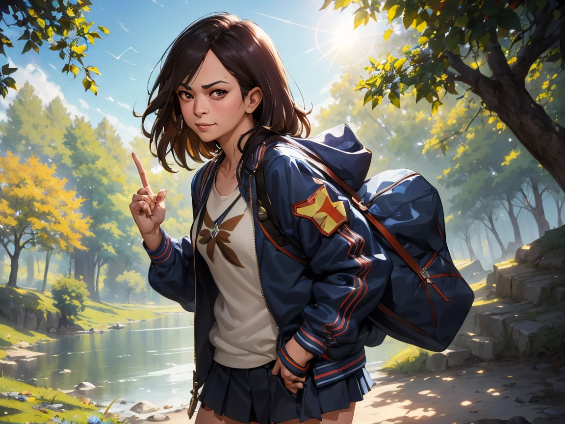 masterpiece,best quality, 1girl,solo kill la kill, open jacket, letterman jacket, white shirt, blue pleated skirt, hands in pockets, looking at viewer, in a central park, sunshine, blue sky (Kamala Harris) ((Kamala Devi Harris)) ，（America），woman，Anime Style，（Brown_Hair Color）（Night Sky_background），(Limbs)，(Full Finger)，(Accurate fingertips), (The finer details), (Super detailed)，4K，(high resolution)，whole body, (Front angle), Looking at the camera,masterpiece，(Subtle details)，(Intricate details)，Octane Rendering，(Hyper Detail)，