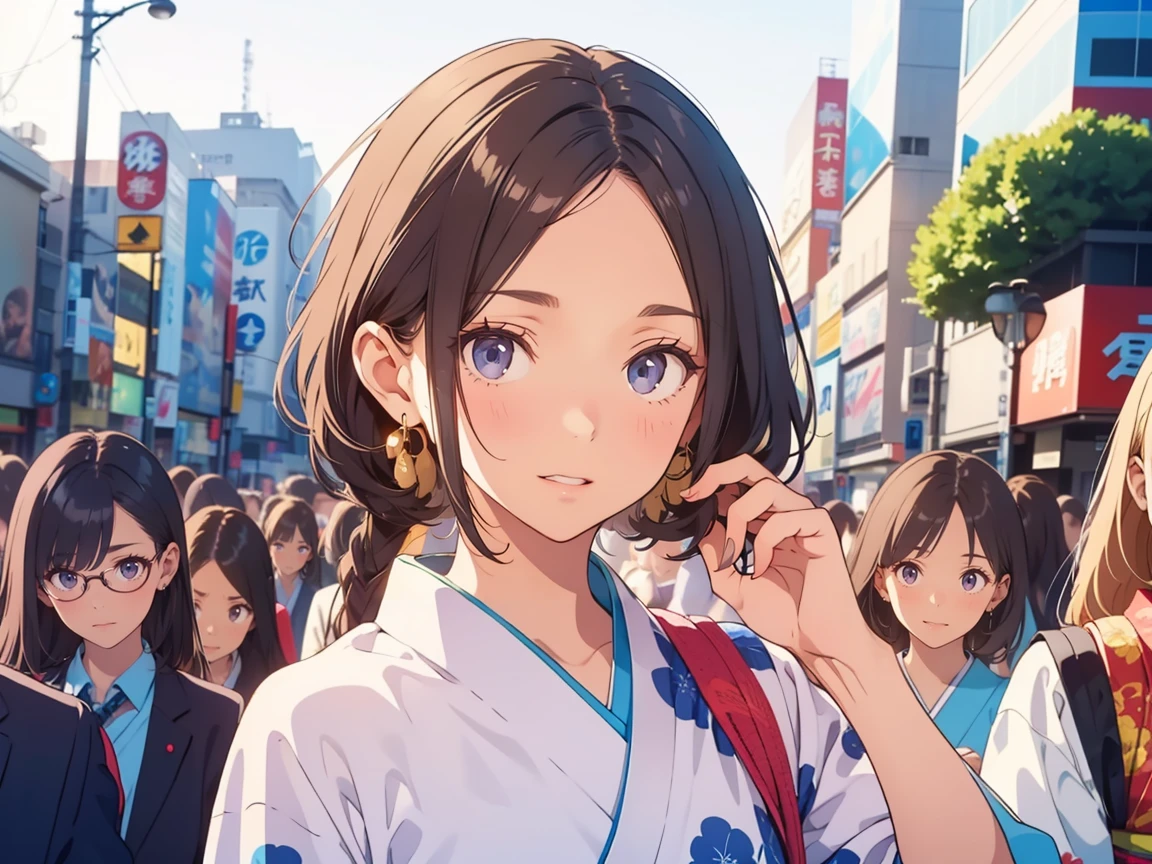 （multiple views,　multiple girls, many girlsgal,crowd）、（various posing:1.5）、(小さな胸:1.3)、Photo of a short hair beautiful Japanese idol and a brown hair pretty Japanese idol and a long hair cute Japanese idol and a pretty long hair Korean idol and a blonde hair 20 years old Japanese idol in Shibuya.,