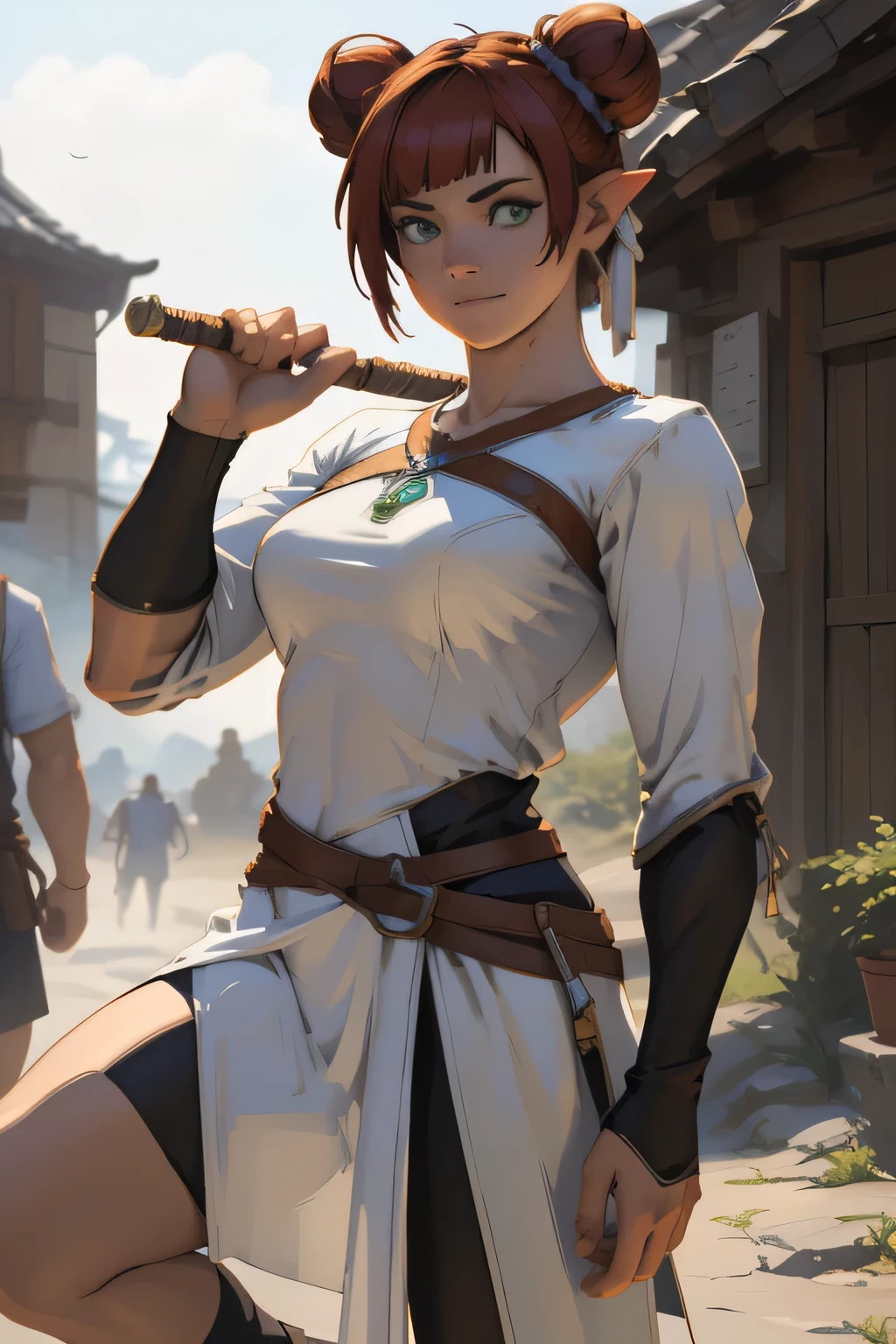 masterpiece, highres, photorealistic, real, Real photo, best quality, 8k, best quality, realistic, ultra-detailed, perfect lighting, cinematic lighting, warm light, female, solo, looking at viewer, , ultra detailed skin, ciri_, medieval, outdoors, cleavage, longsword, green eyes, long hair masterpiece, highres, photorealistic, real, Real photo, best quality, 8k, best quality, realistic, ultra-detailed, perfect lighting, cinematic lighting, warm light, female, solo, action pose, stand pose, epic pose, LAUFEN, SHORT HAIR, DOUBLE BUN, BLUNT BANGS