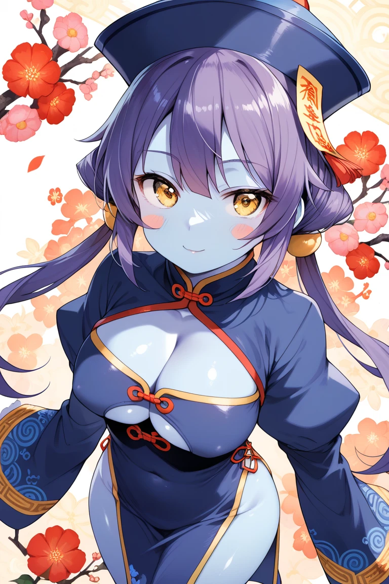 score_9,score_8,score_7,score_8_up,score_7_up 1girl, blush, braid, breasts, eyeliner, fate/grand order, fate (series), hair rings, hat, highres, horns, jiangshi, long sleeves, looking at viewer, makeup, ofuda, oni, oni horns, open mouth, outstretched arms, pumpkinspicelatte, purple eyes, purple hair, qing guanmao, short hair, shuten douji (fate), shuten douji (festival outfit) (fate), skin-covered horns, smile, solo, zombie pose