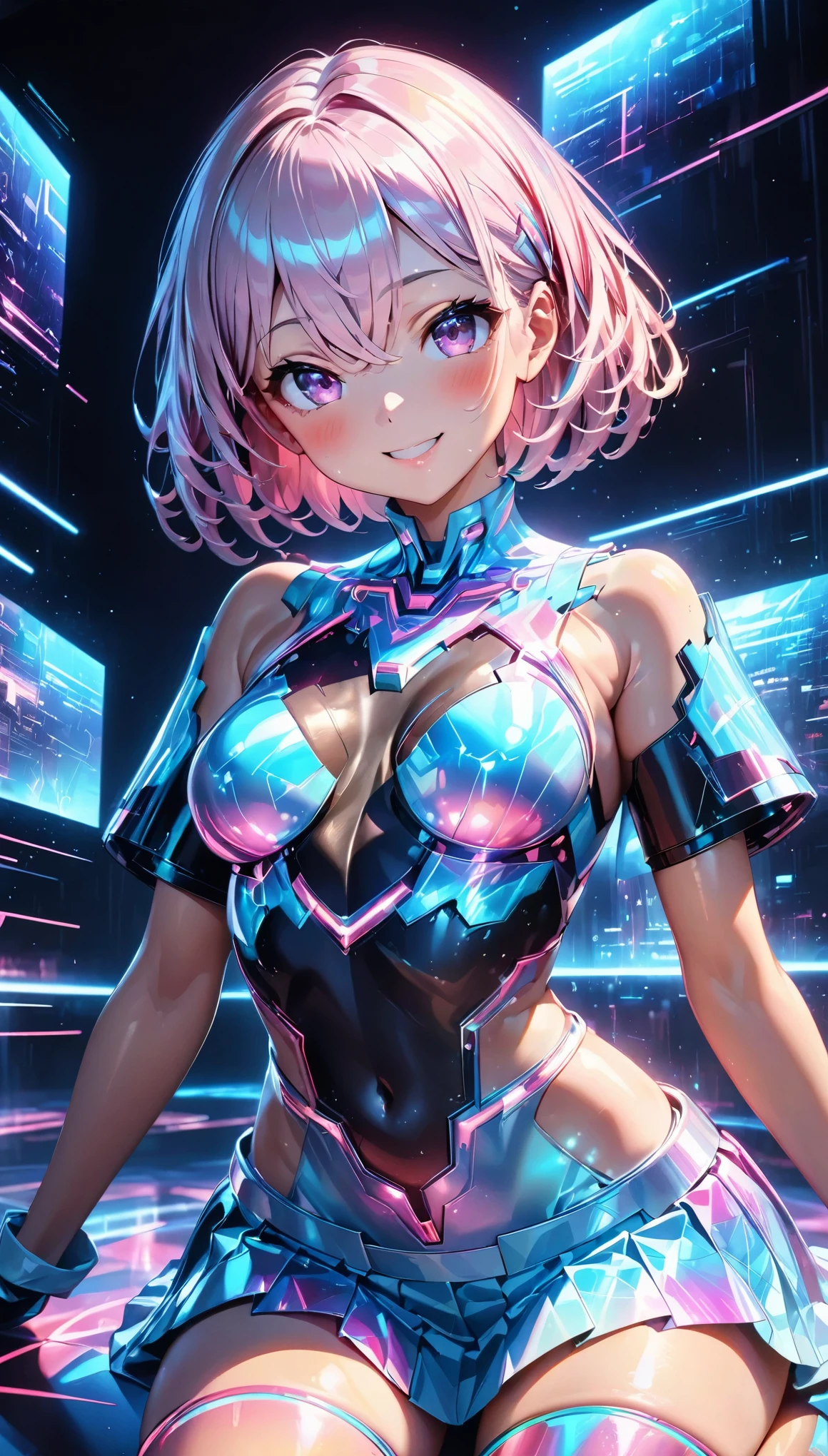 holography,  Draw in Neon Colors ,  Beautiful Holographic _Cyber Girl,  Neon Hologram Suit ,  Glowing Cyberpunk Futuristic Outfit ,  pleated skirt, (( pink hair, Pink Eyes, bangs, whole body, Hair between the eyes, Long Hair,  short hair, ribbon)),  Slim Body :1.4,  beautiful eyes,  shiny lips, Glowing Skin,  detailed skin textures, ((smile, blush,  bust shot:1.4)),  Multiple Color Holographic Patterns,  Dynamic Poses, Kneeling, Cyberspace Background, DIGITAL DESIGN , Virtual, Dramatic lighting,  cinematic composition,  intricate detail, (Best Quality:1.2,  very detailed, anime,  with great attention to detail,  ultra high resolution,  High Contrast, masterpiece:1.2, Best Quality, Best aesthetics),