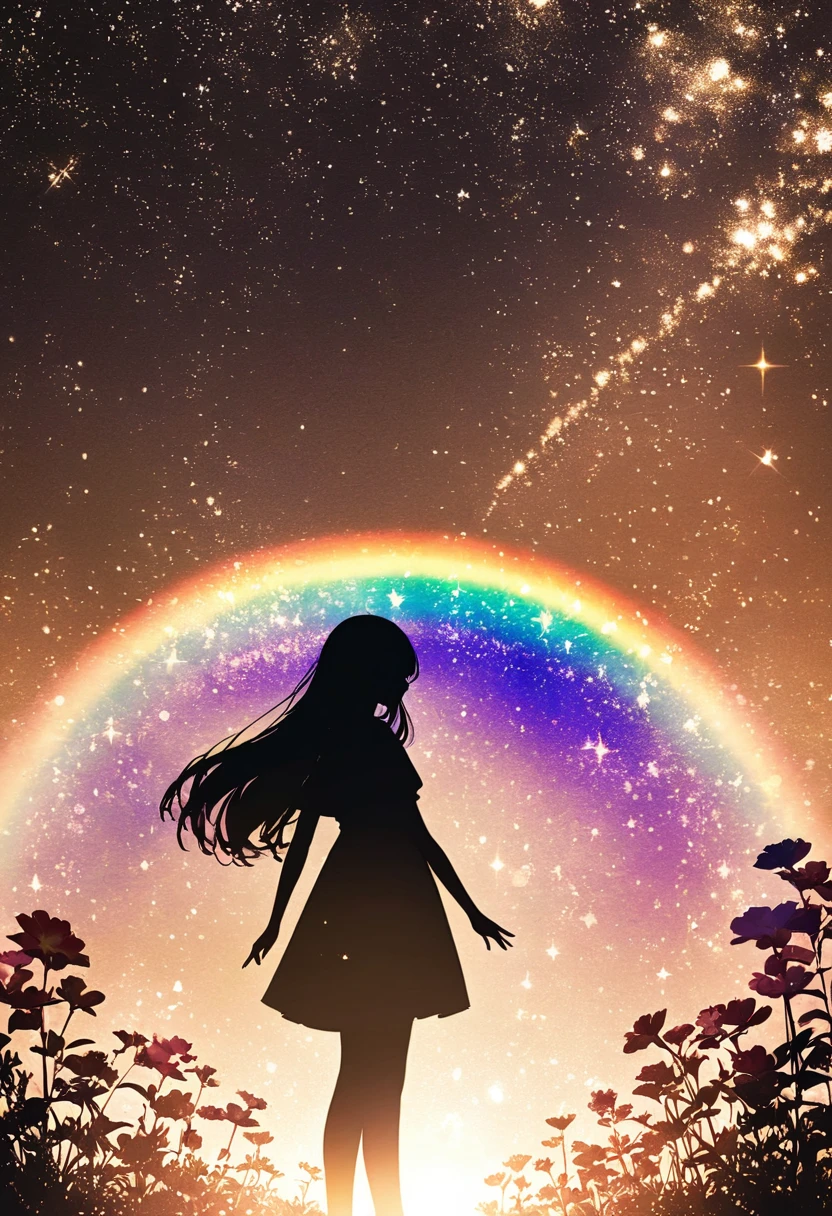 ((   glitter))、Shine絵 、  one woman,Black silhouette, galaxy silhouettes ,シルエット内部がShine, Imaginary,grow up,  Pink Flowers ,Shine ,sepia,Unity,  A rainbow appears ,光がShine  ,    visible from afar 