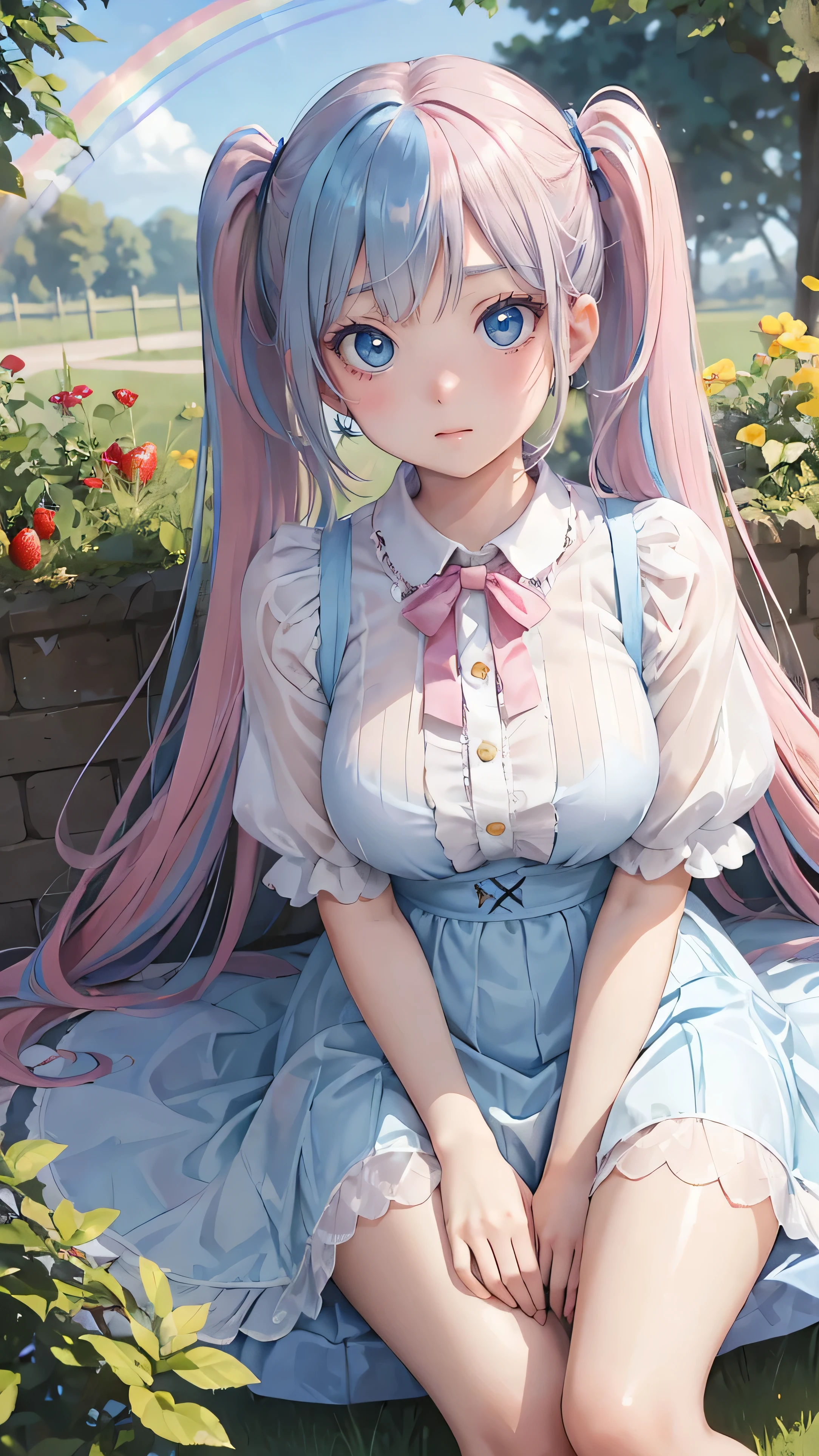 (masterpiece:1.2), (Best Quality:1.2),, Slim and curvy body type, Perfect Eyes,  perfect face, perfect lighting,  1 girl,(Rainbow colored hair,  colorful hair, Half Blue、 Half pink hair  : 1.2),  In the garden, （shirt），（whole bodyが見える），（ transparent silver dress sedan sexy clothes、 striped skirt ）， curly hair , Short sleeve clothes, Strawberry pattern skirt 、  Detailed Naya Exterior Background, Compensate,  eyeshadow, Small breasts、Thick eyelashes,  fantasy ,  watching viewers, whole body， Alice in Wonderland、Blue Sky、Bright and beautiful face、like々 shiny shiny white skin 、The ultimate beauty、The most beautiful in the world、Thin Hair、Long Hair、Shiny, beautiful bangs、Big, bright blue eyes、very beautiful and lovely ,  The Most Beautiful Girl in the World 、 twin tails、Silver glasses