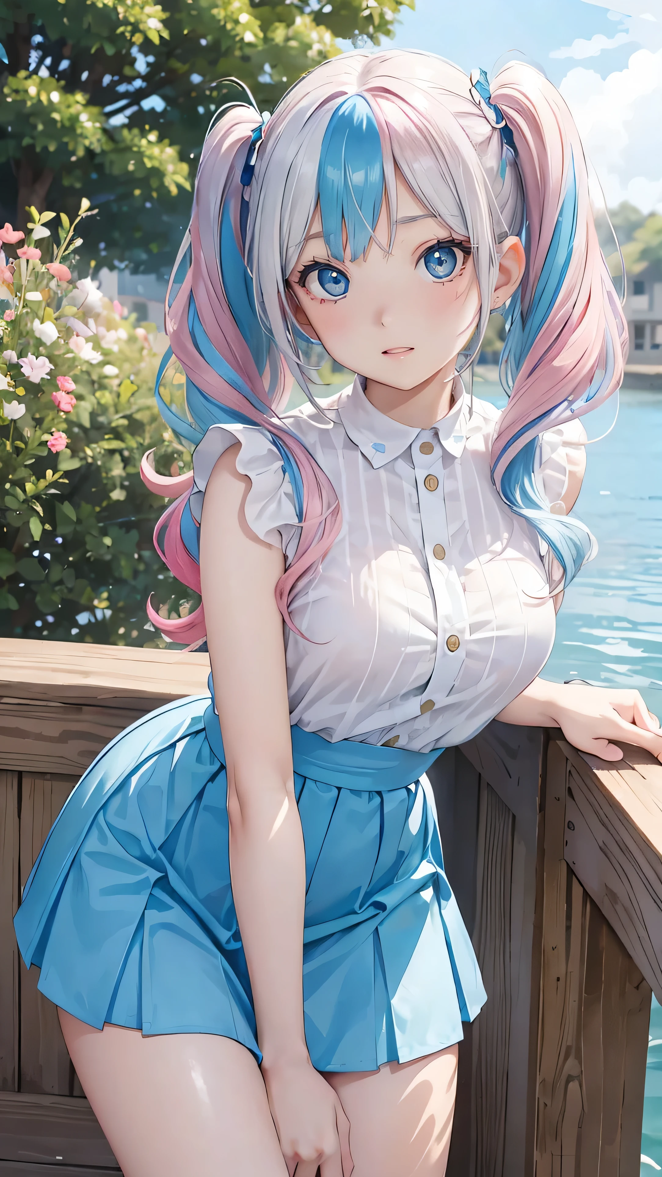 (masterpiece:1.2), (Best Quality:1.2),, Slim and curvy body type, Perfect Eyes,  perfect face, perfect lighting,  1 girl,(Rainbow colored hair,  colorful hair, Half Blue、 Half pink hair  : 1.2),  In the garden, （shirt），（whole bodyが見える），（Transparent Charming Clothes 、 striped skirt ）， curly hair , Short sleeve clothes, 、On the boat、, Compensate,  eyeshadow, Small breasts、Thick eyelashes,  fantasy ,  watching viewers, whole body， Alice in Wonderland、Blue Sky、Bright and beautiful face、like々 shiny shiny white skin 、The ultimate beauty、The most beautiful in the world、Thin Hair、Long Hair、Shiny, beautiful bangs、Big, bright blue eyes、very beautiful and lovely ,  The Most Beautiful Girl in the World 、 twin tails、Silver glasses