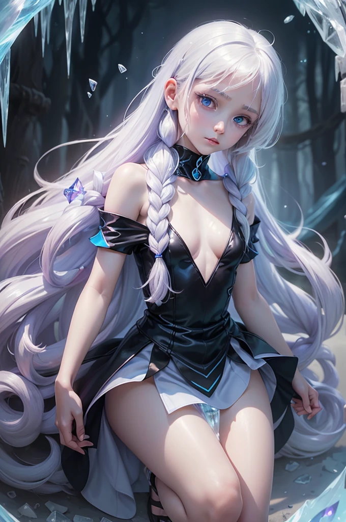 white skin, light purple hair, ((7years old girl)), light blue eyes, long hair, (sleek and straight hairstyle), ((ice spell)), jungle, small breast, wearing black tunic, cleavage, ((very tiny body)), short sleeve, (very shy), (((ice))), big eyes,