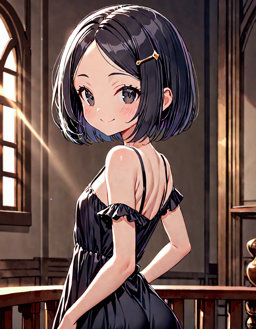 (masterpiece)(best quality)(ultra detailed)(high resolution),solo petite girl, black hair short hair, bob cut, (forehead:1.2)(hairpin in center parted bangs:1.2), black eyes, slender body, medium hip, smile, long dress jet black dress off shoulder dress, stockings, upper body above knees, from side, pose of looking back, indoors,