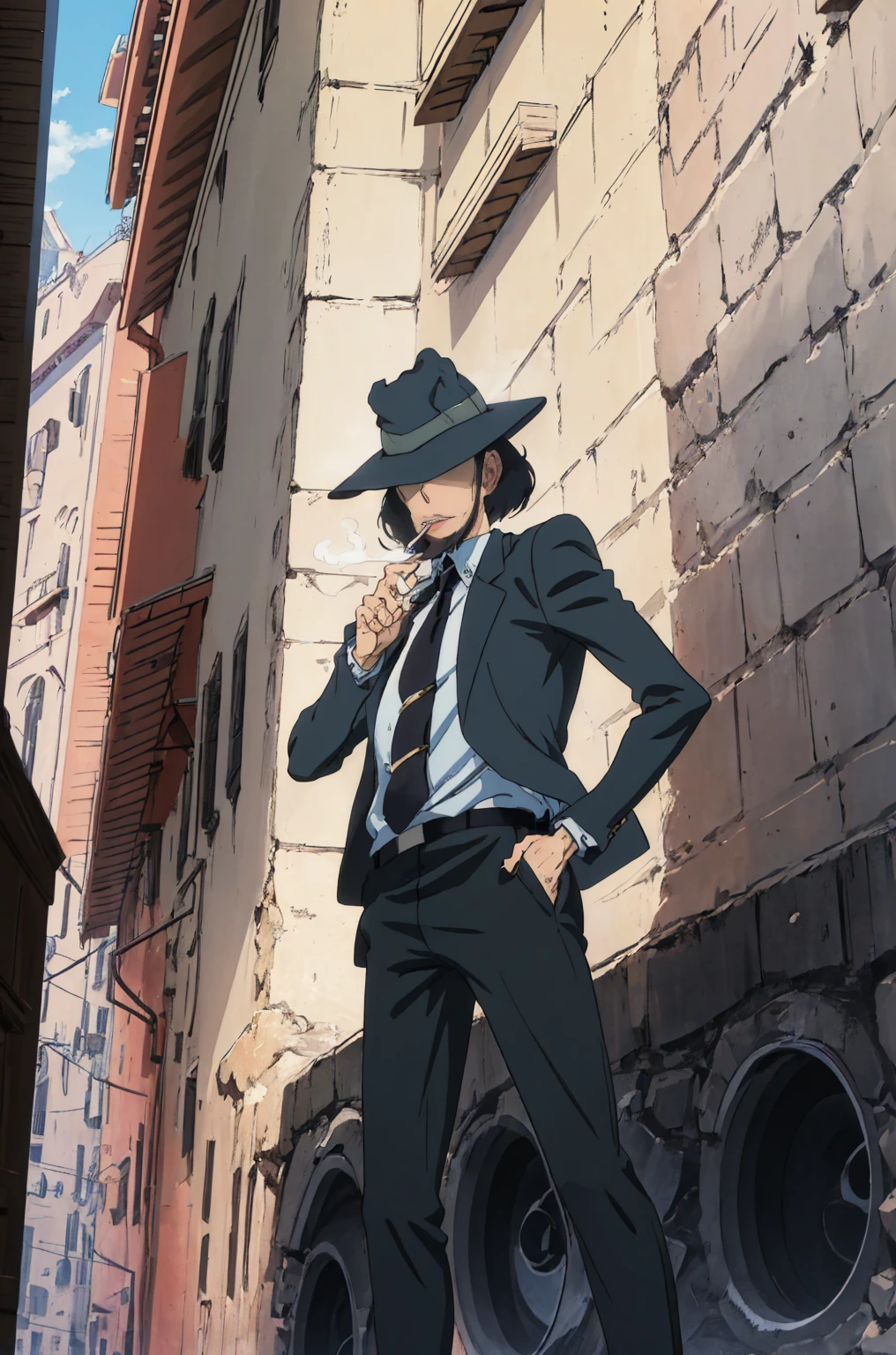   (Best Quality, masterpiece,  RAW Photos,Super detailed:1.2), Jigen Daisuke,Alone, , Black Hair, Borsalino style folding hat, Hide Your Eyes,formal,Italian cityscape,  Knight , handgun, From below,Holding a cigarette