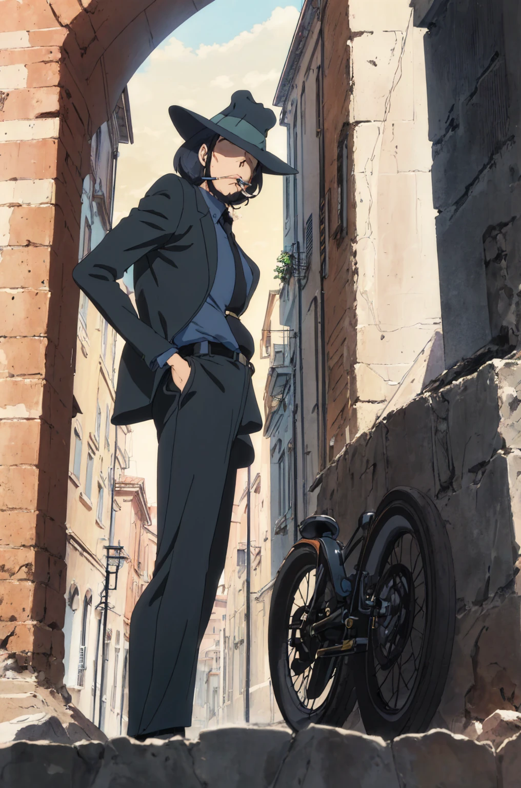   (Best Quality, masterpiece,  RAW Photos,Super detailed:1.2), Jigen Daisuke,Alone, , Black Hair, Borsalino style folding hat, Hide Your Eyes,formal,Italian cityscape,  Knight , handgun, From below,Holding a cigarette