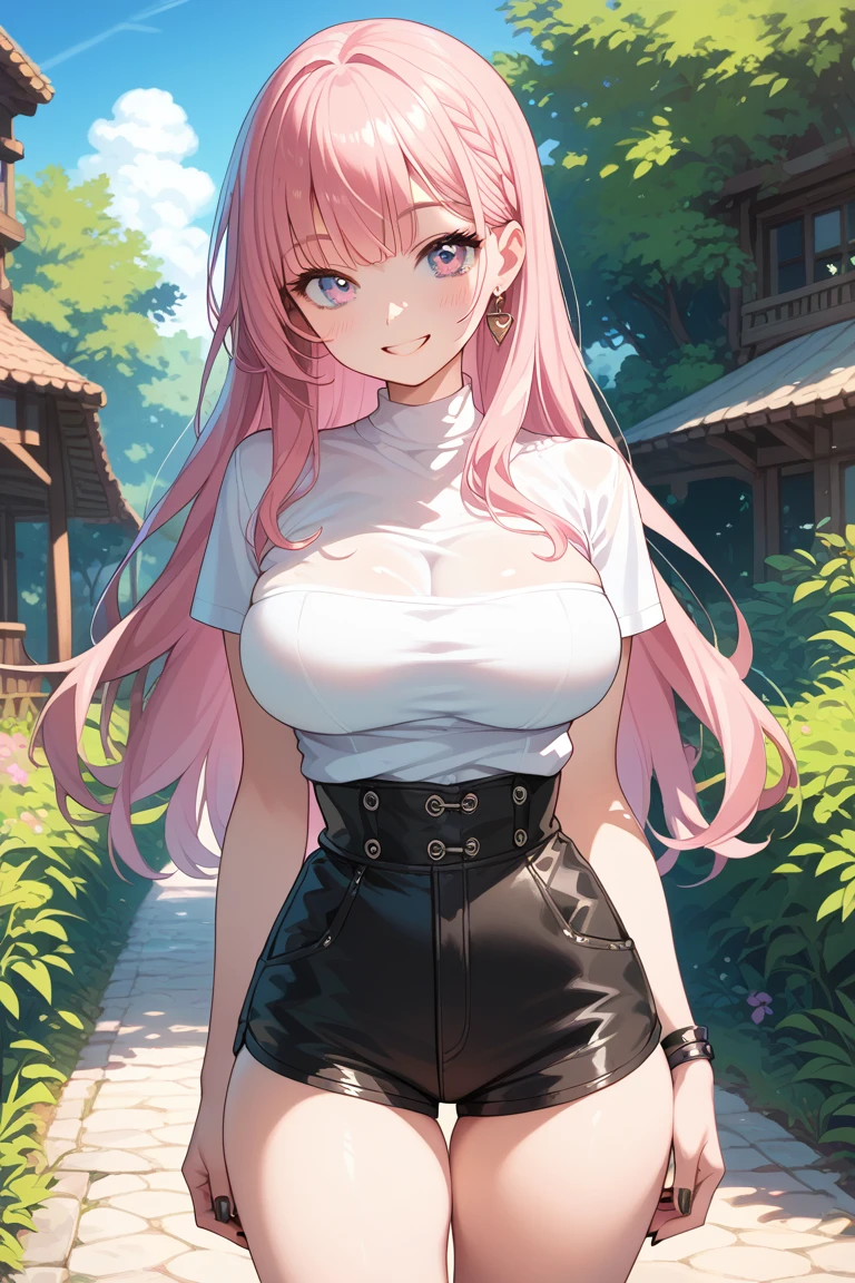 digital illustration, pastel color, score_9, score_7_up, solo, 1girl, outdoors, looking at viewer, pink hair, large breasts, black nails, high-waist shorts, skindentation, deep skin, smile, ambient occlusion,