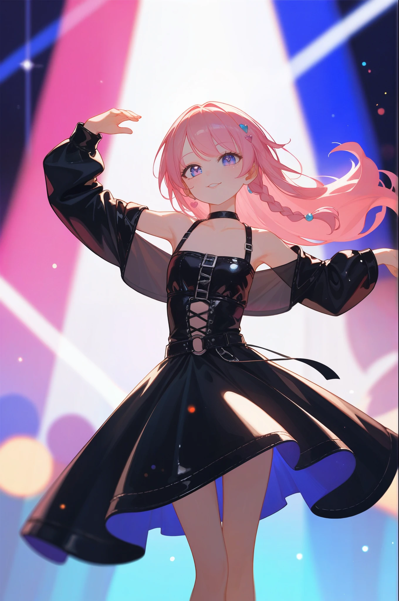 score_9, score_8_up, score_7_up, (masterpiece, UHD, 8K, 16K, ultra detailed), source_anime, sfw, front view, 1girl, idol, dancer, cool dancing pose, black leather sundress, short dress, off shoulder, long sleeves, leather stocking, long hair, (pink hair), one side braided, colorful stage background, stage light, (depth of field), bokeh, diffused light, dramatic ambient