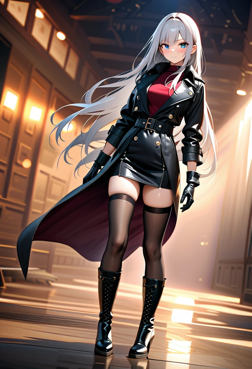 (1 girl, silver hair, long hair, solo, leather gloves, assassin, leather trench coat, heel boots, thigh high stockings, full body, best quality, 4k, 8k, highres, masterpiece:1.2, ultra-detailed, HDR, UHD, studio lighting, ultra-fine painting, sharp focus, physically-based rendering, extreme detail description, professional, vivid colors, bokeh, portrait)