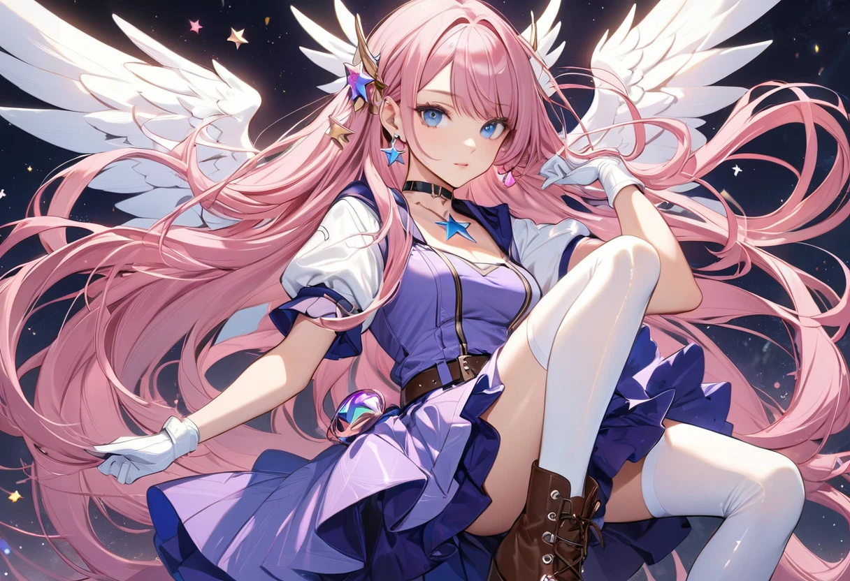 (masterpiece, best quality:1.2), 1girl, solo, SeraphineLoLXL, blue eyes, pink hair, bangs, hair ornament, very long hair, shiny hair, star (symbol), earrings, medium breasts, chocker, white jacket, puffy short sleeves, purple dress, wings, white gloves, skirt, belt, white thighhighs, brown boots