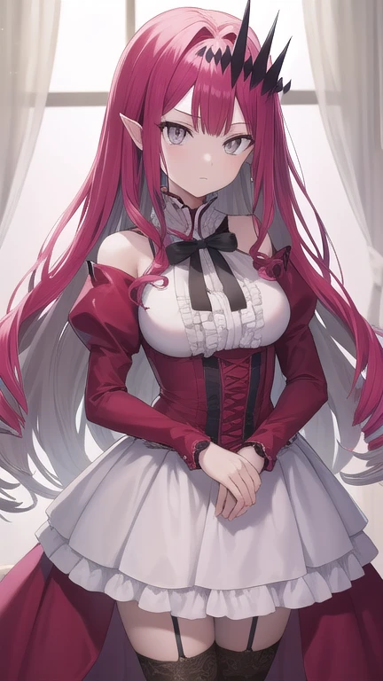 1girl, solo, baobhan sith, (grey eyes:1.5), long hair, pink hair, pointy ears,
BREAK cross-laced clothes, cross-laced dress, cross-laced legwear, detached sleeves, dress, pink dress, frilled dress, frills, hair ornament, red ribbon, red sleeves, ribbon,
BREAK expressionless,
BREAK standing,
BREAK (from front, cowboy shot:1.1),
BREAK (indoor, bedroom, night:1.2),
BREAK (best quality:1.4), (ultra detailed, professional quality:1.2), (detailed beautiful face:1.4), (detailed beautiful eyes:1.4), Top quality, (masterpiece:1.2), high detail,